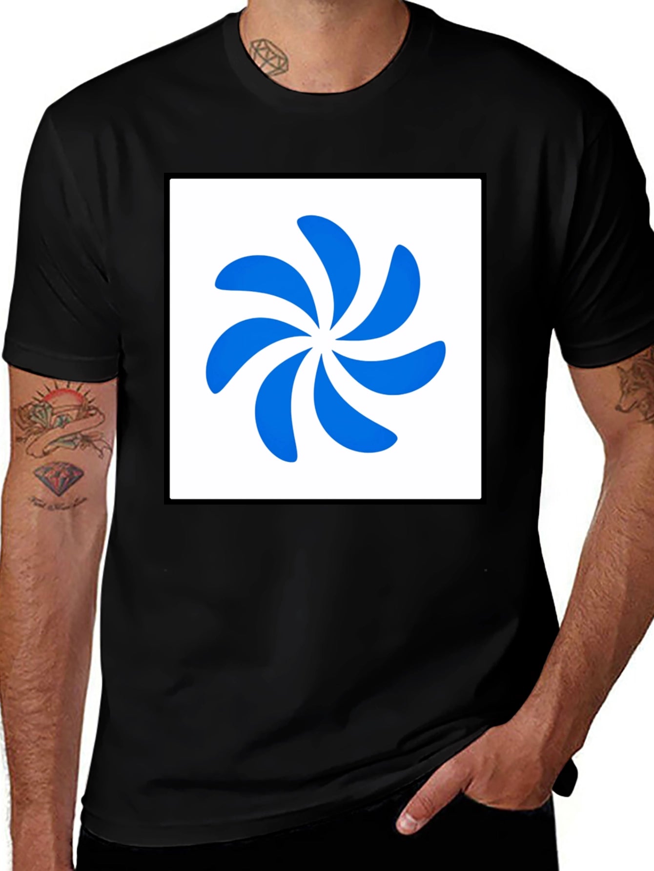 Stylish Black T-Shirt with Abstract Blue Swirl Design