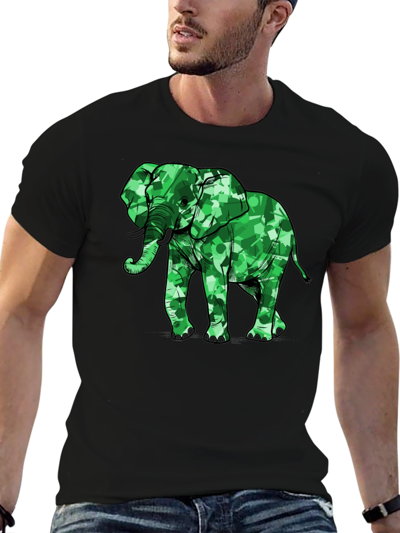 Green Camo Elephant Graphic Black T-Shirt