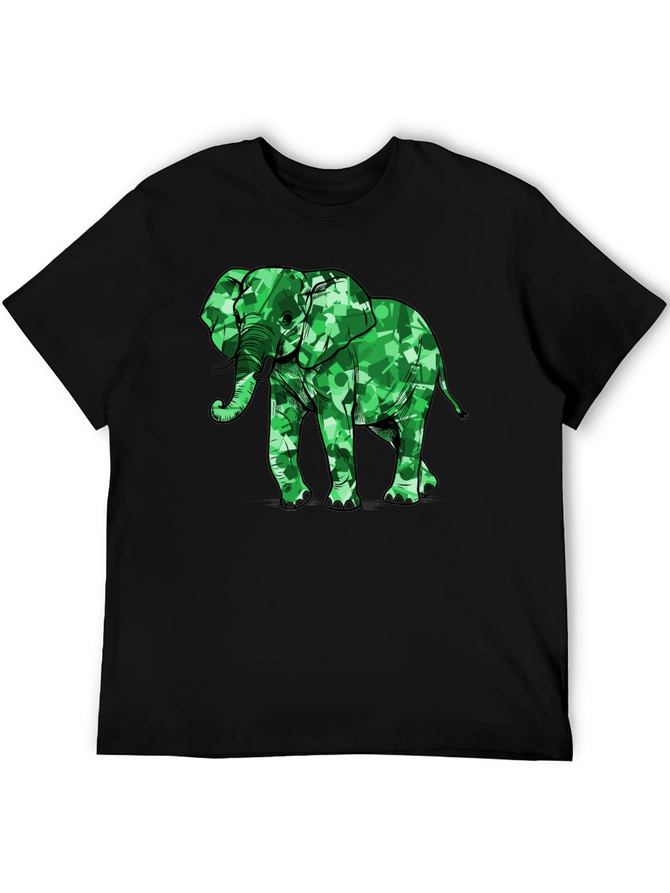 Green Camo Elephant Graphic Black T-Shirt