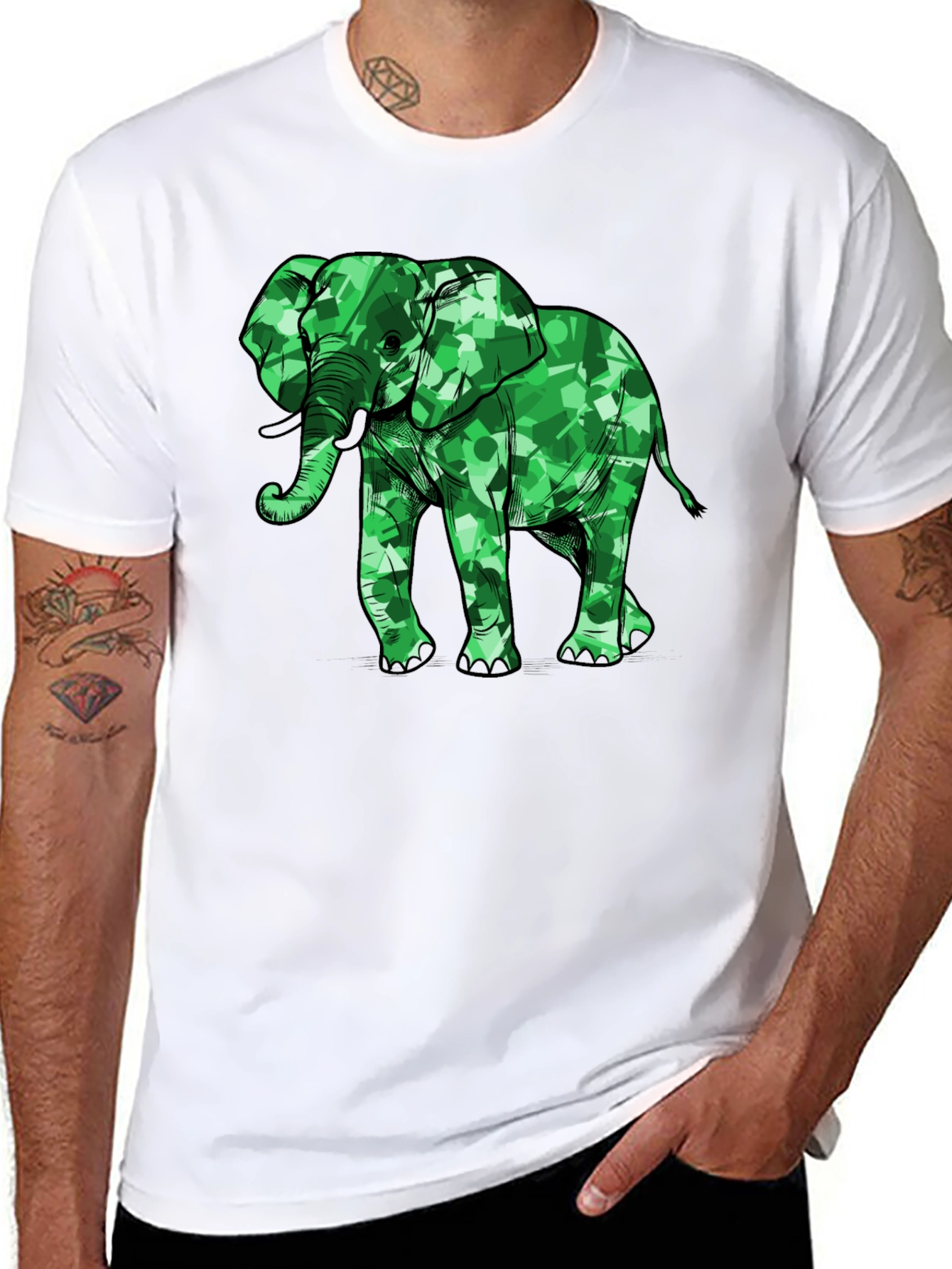 Green Camo Elephant Graphic Black T-Shirt