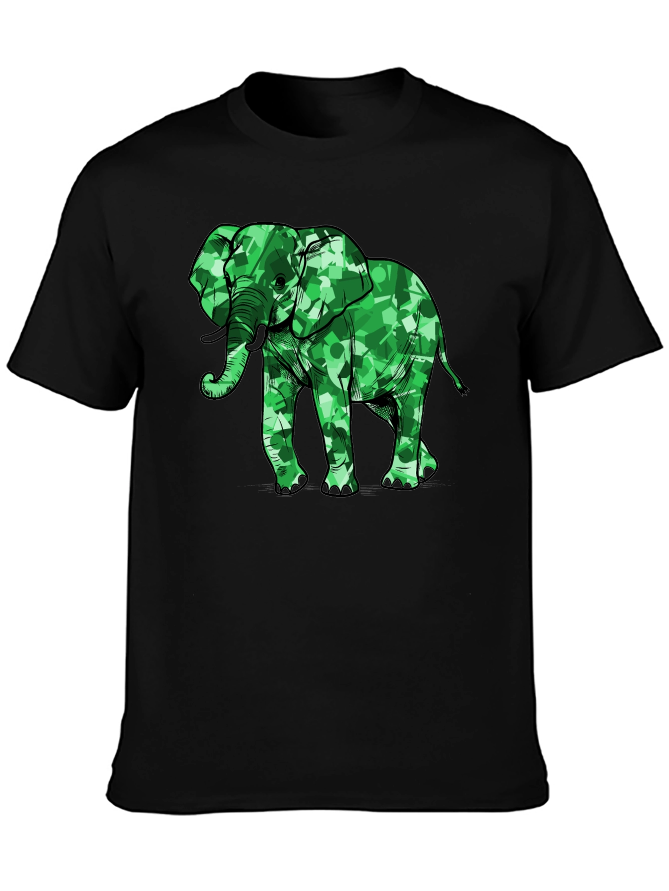 Green Camo Elephant Graphic Black T-Shirt