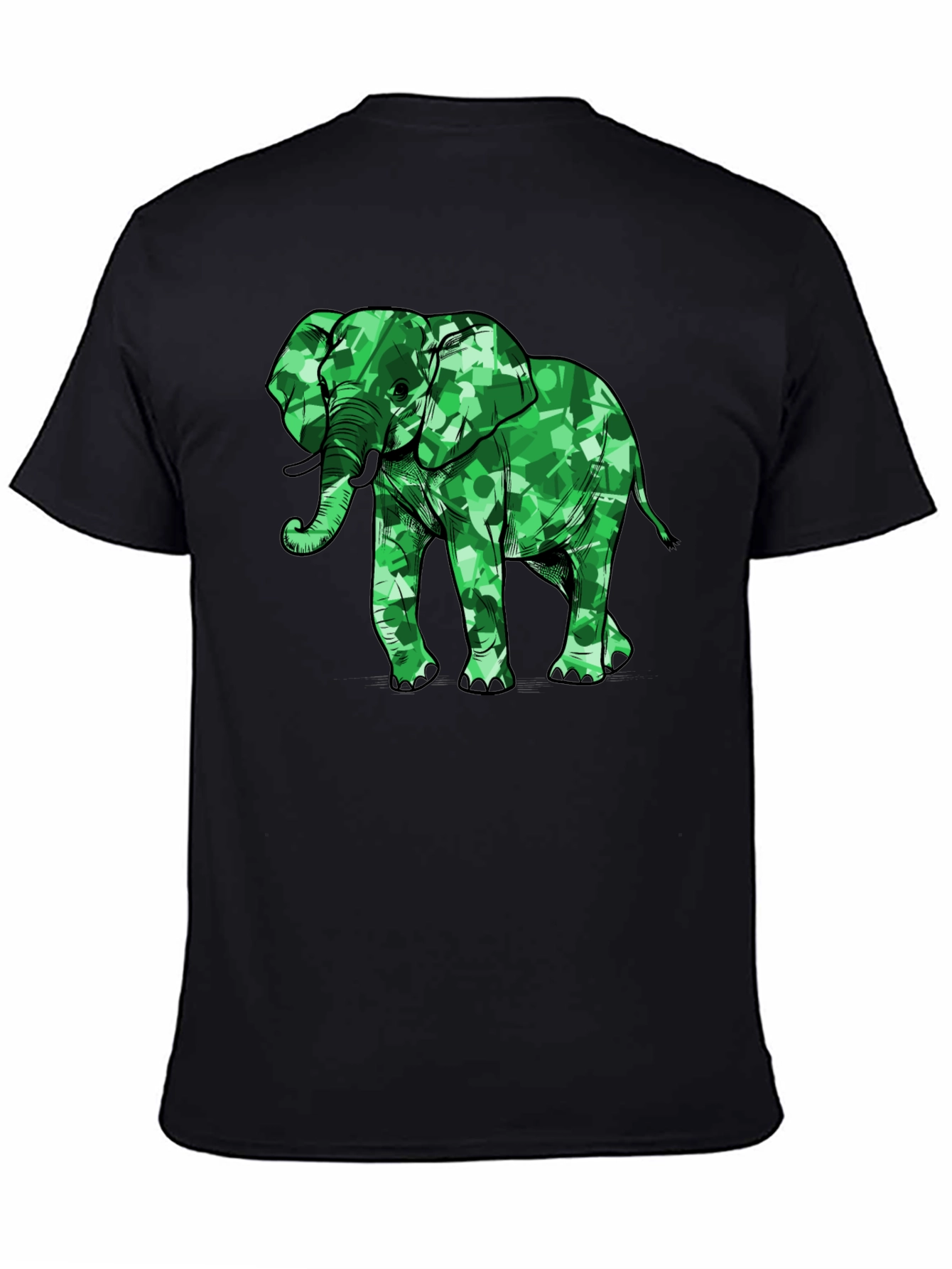 Green Camo Elephant Graphic Black T-Shirt