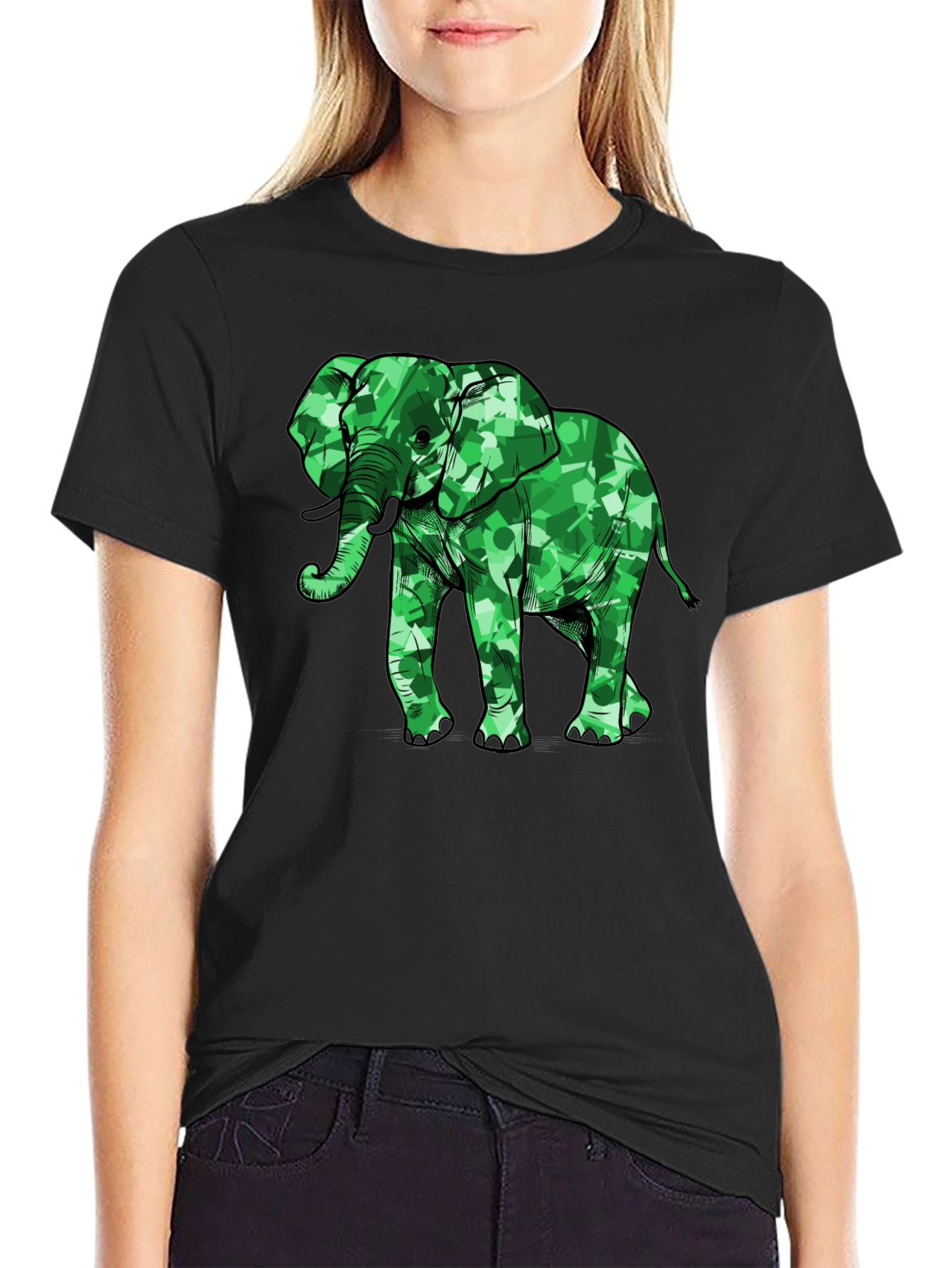 Green Camo Elephant Graphic Black T-Shirt