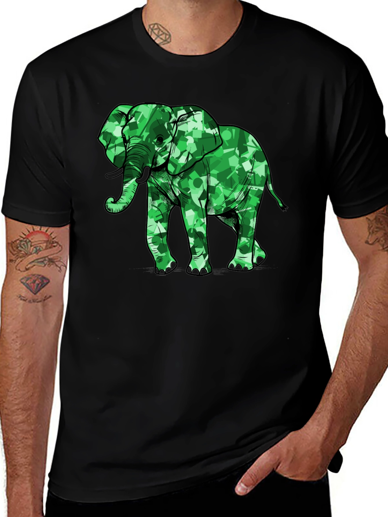 Green Camo Elephant Graphic Black T-Shirt