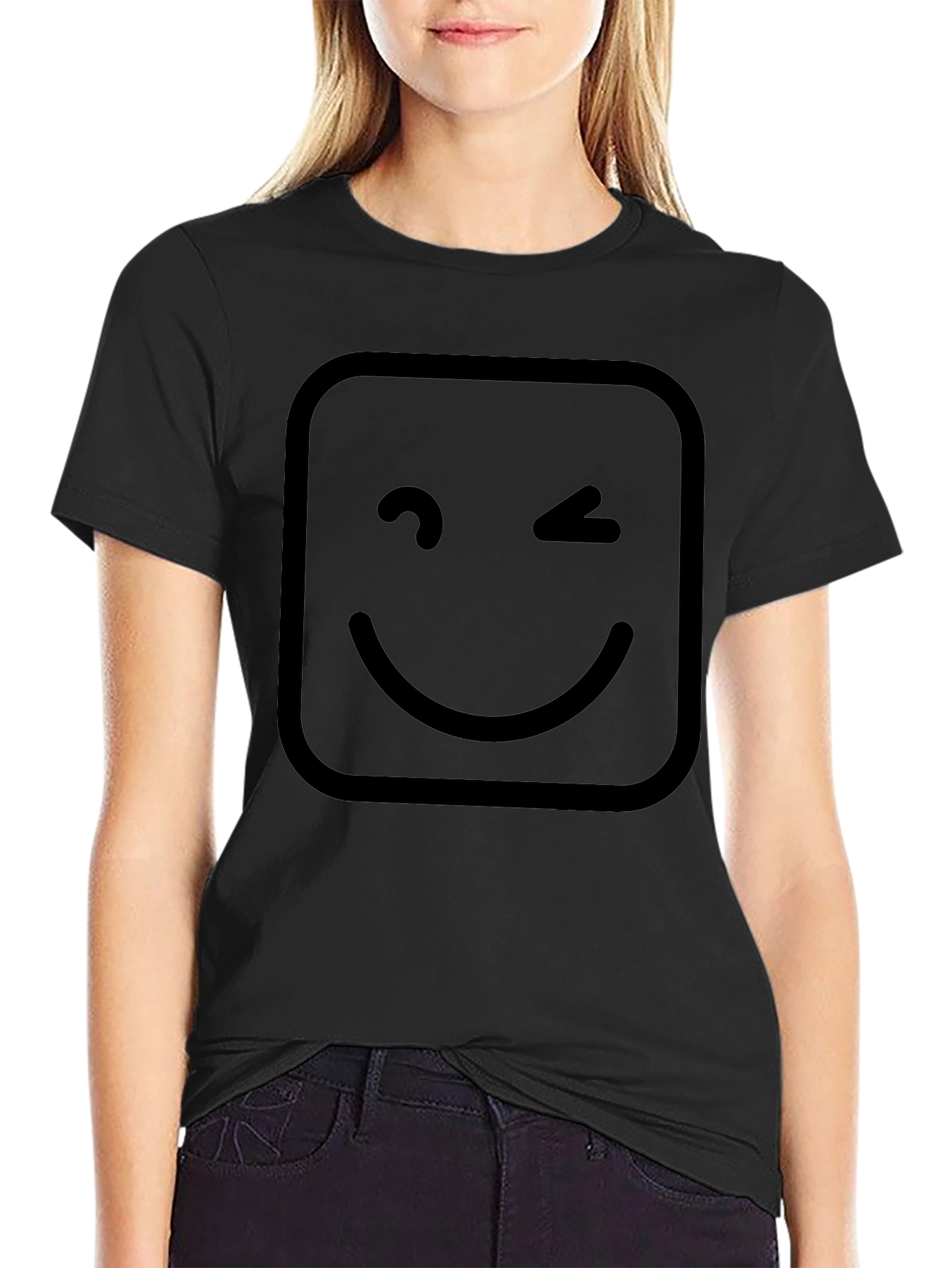 Winking Smiley Face Graphic T-Shirt - Black