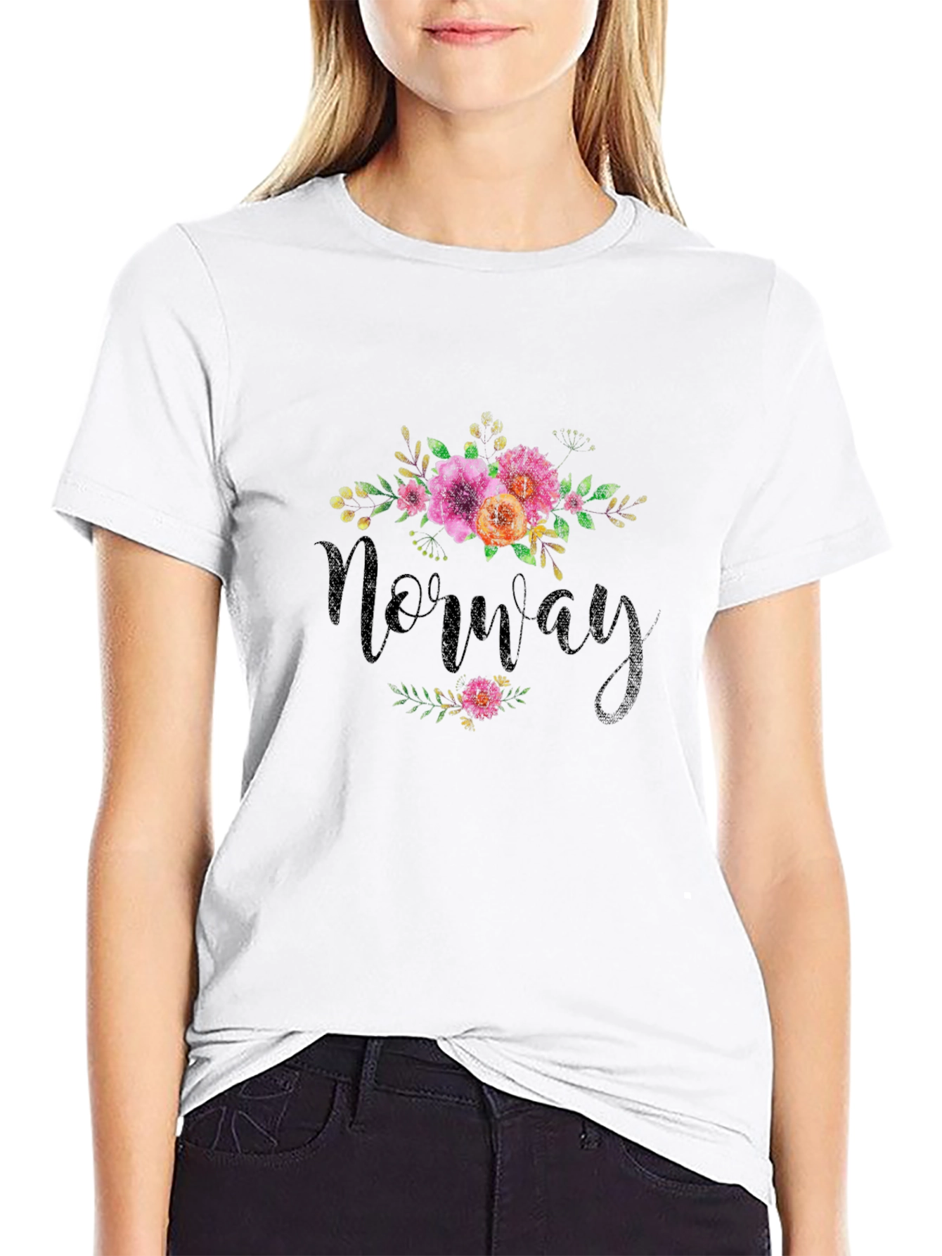 Norway Floral Design Black T-Shirt