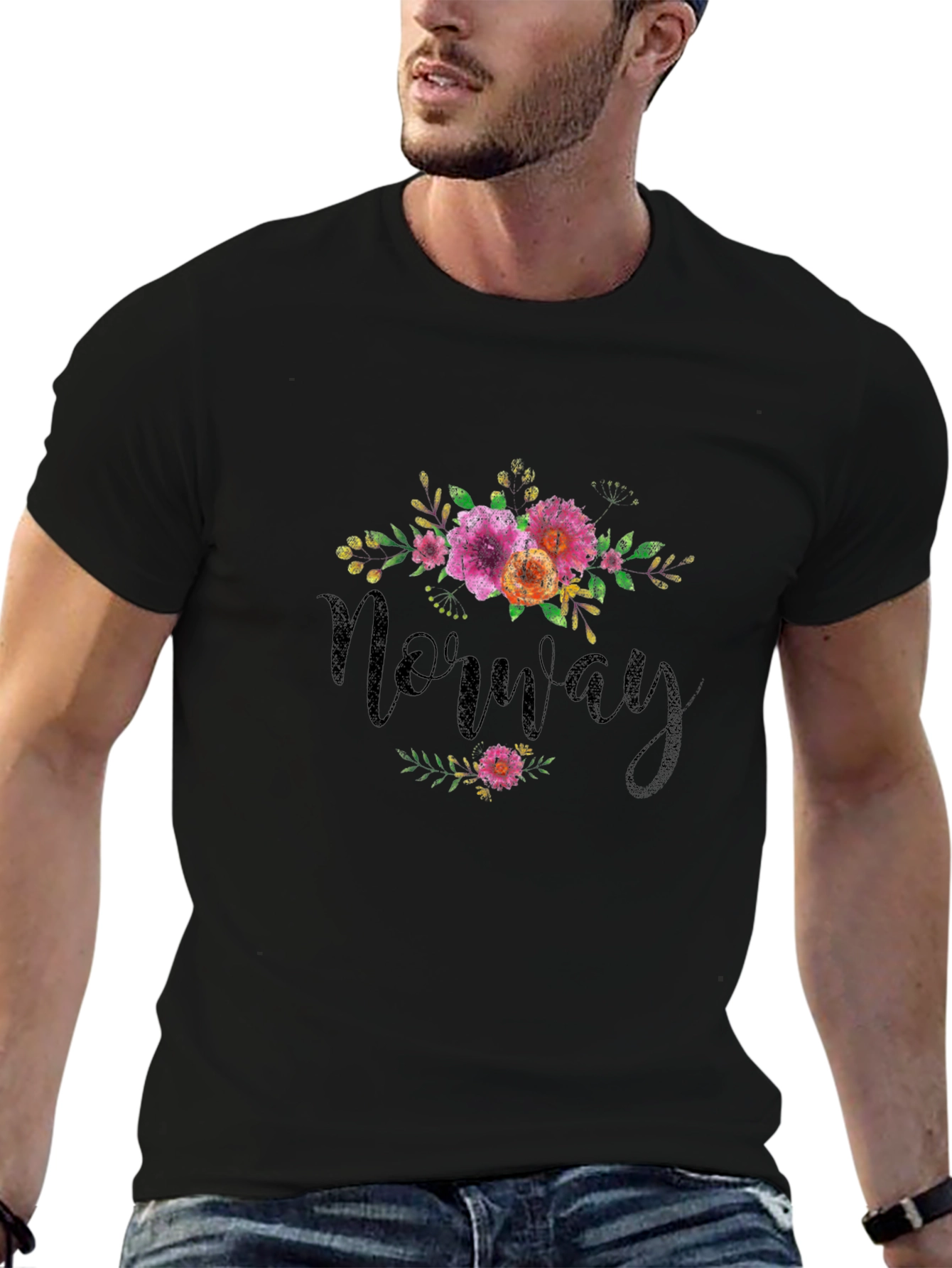 Norway Floral Design Black T-Shirt
