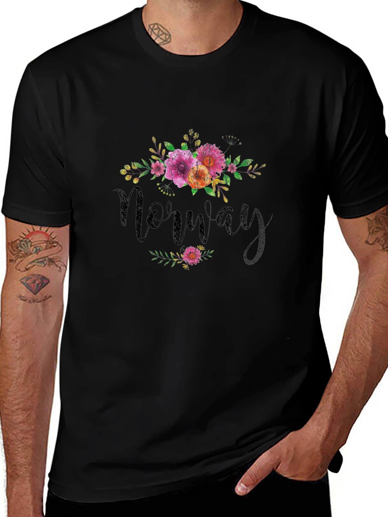 Norway Floral Design Black T-Shirt