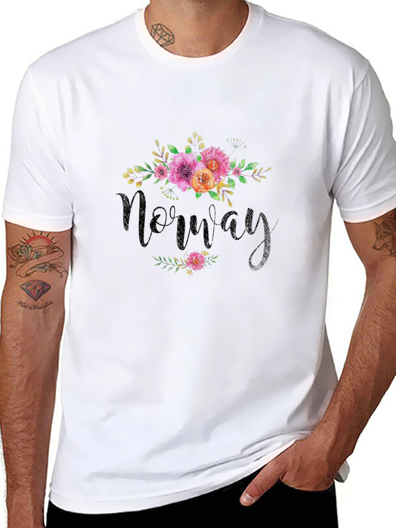 Norway Floral Design Black T-Shirt