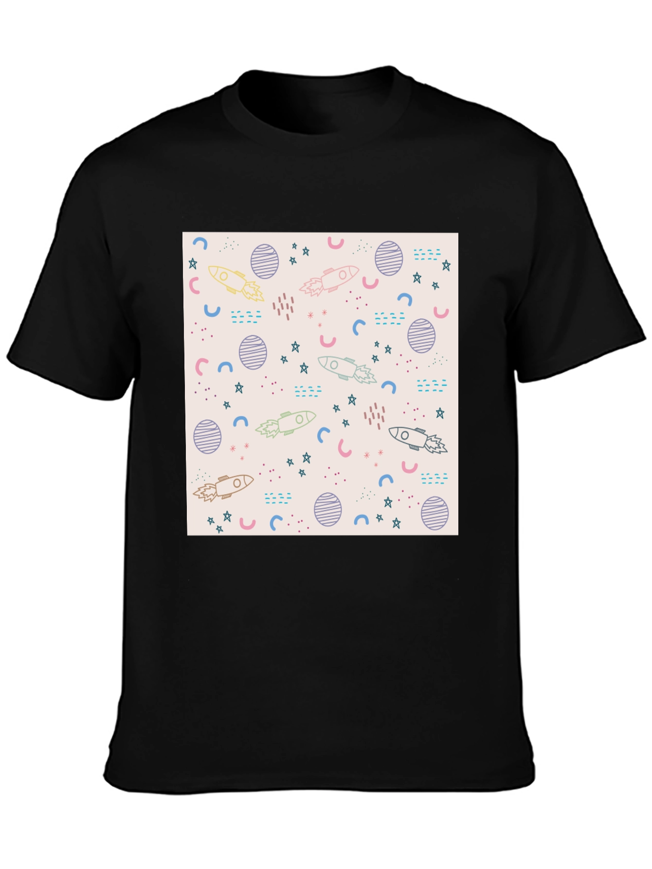 Galaxy Rocket Print Black T-Shirt