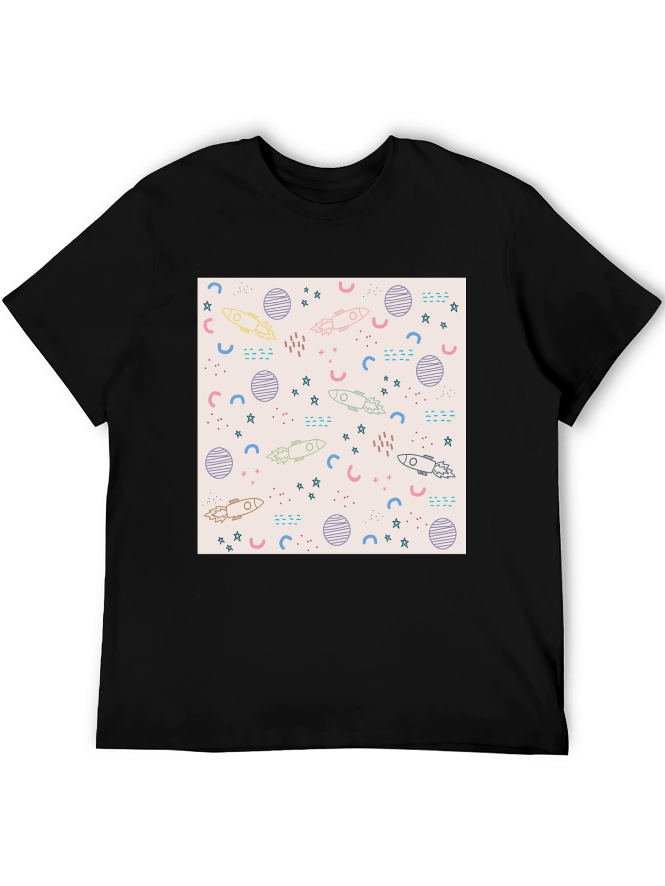Galaxy Rocket Print Black T-Shirt