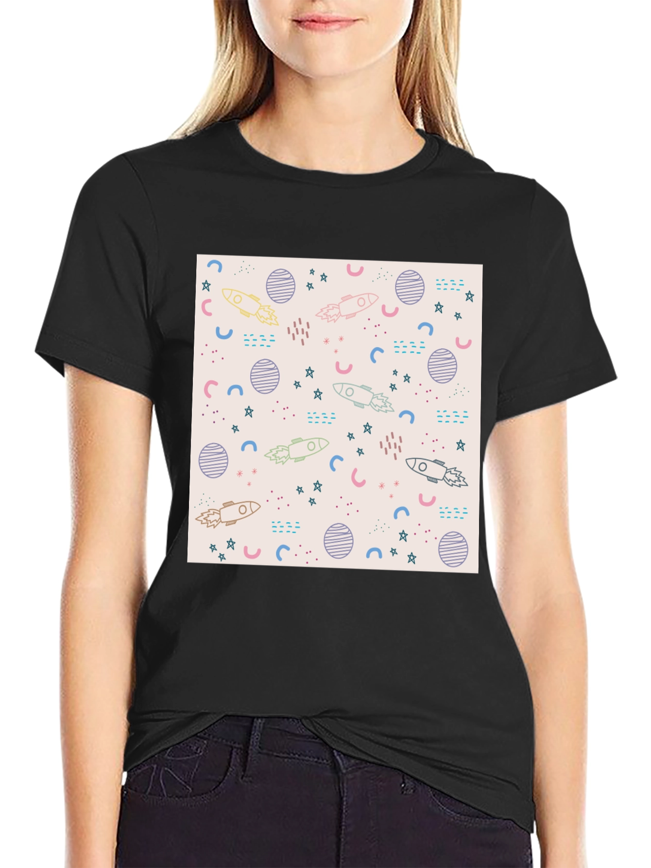 Galaxy Rocket Print Black T-Shirt