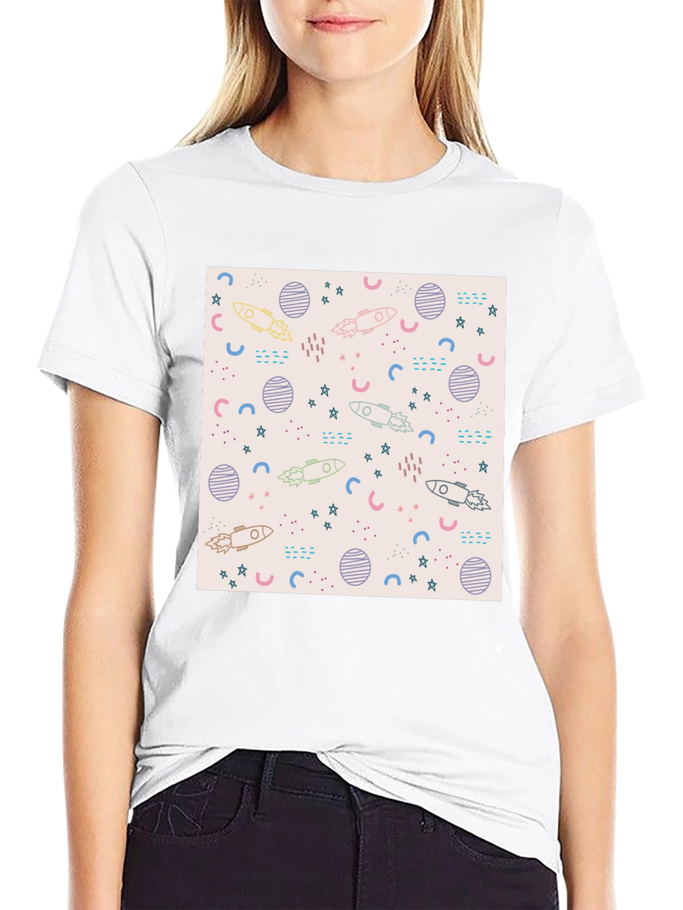 Galaxy Rocket Print Black T-Shirt