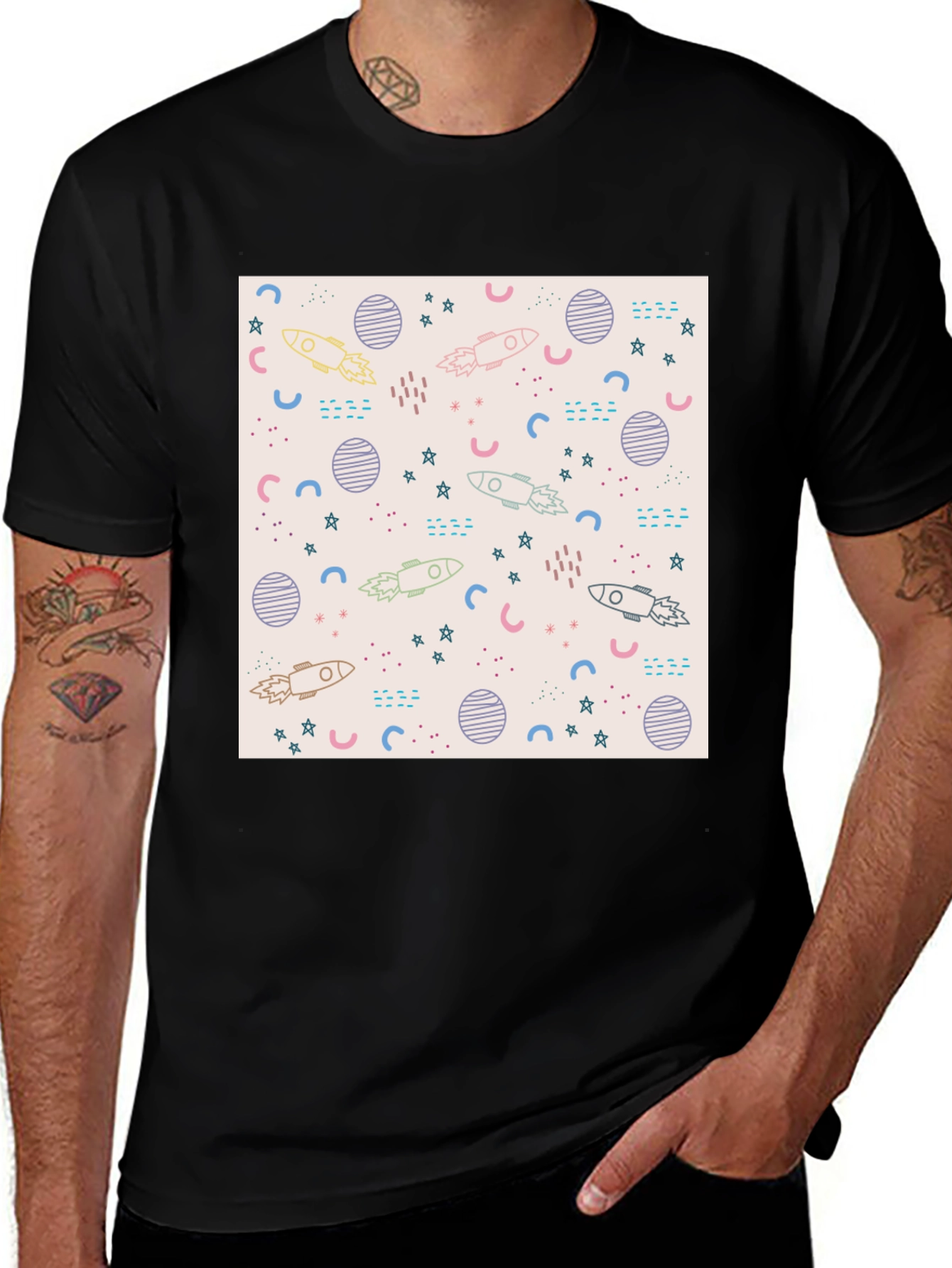 Galaxy Rocket Print Black T-Shirt