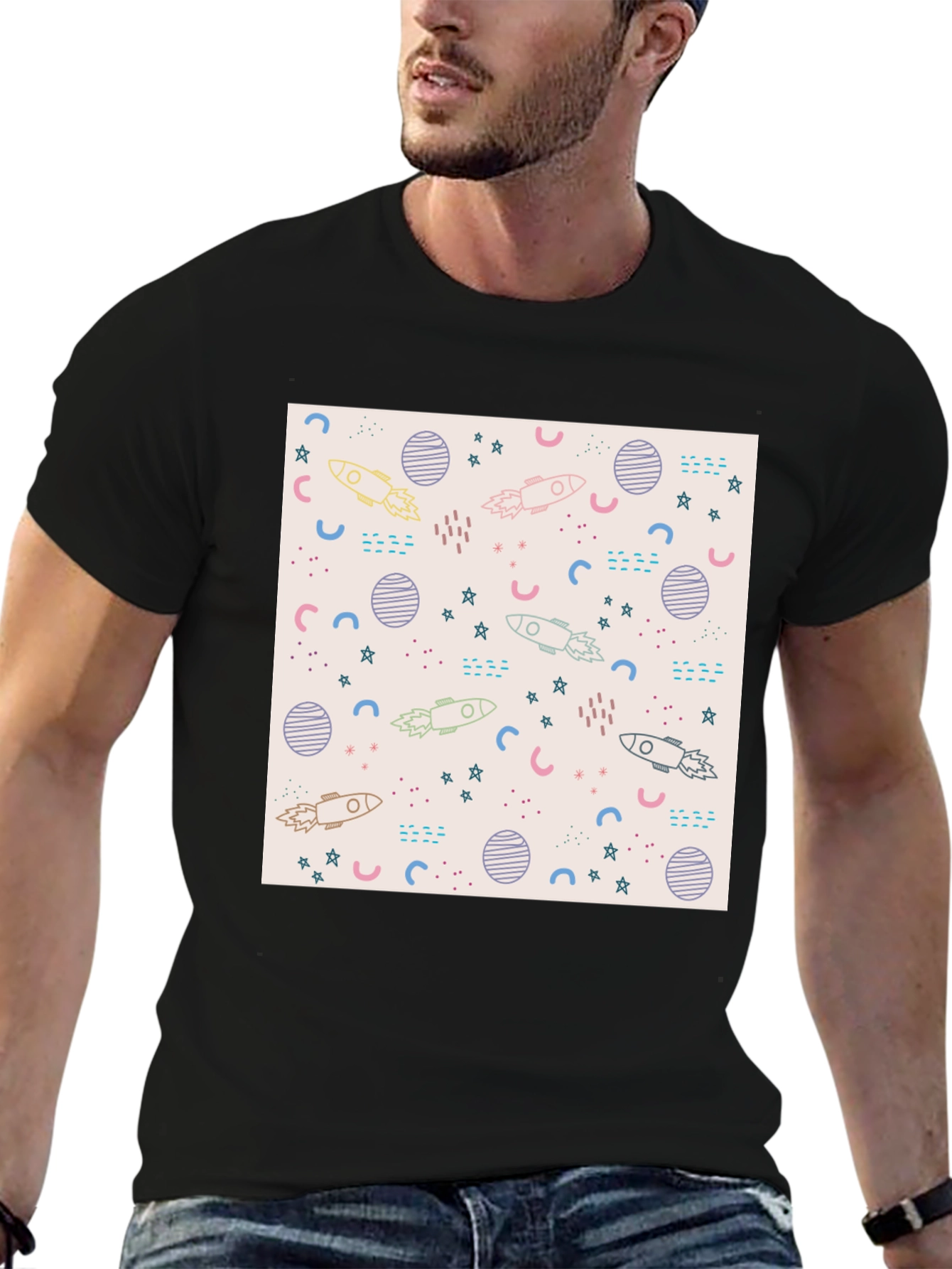 Galaxy Rocket Print Black T-Shirt
