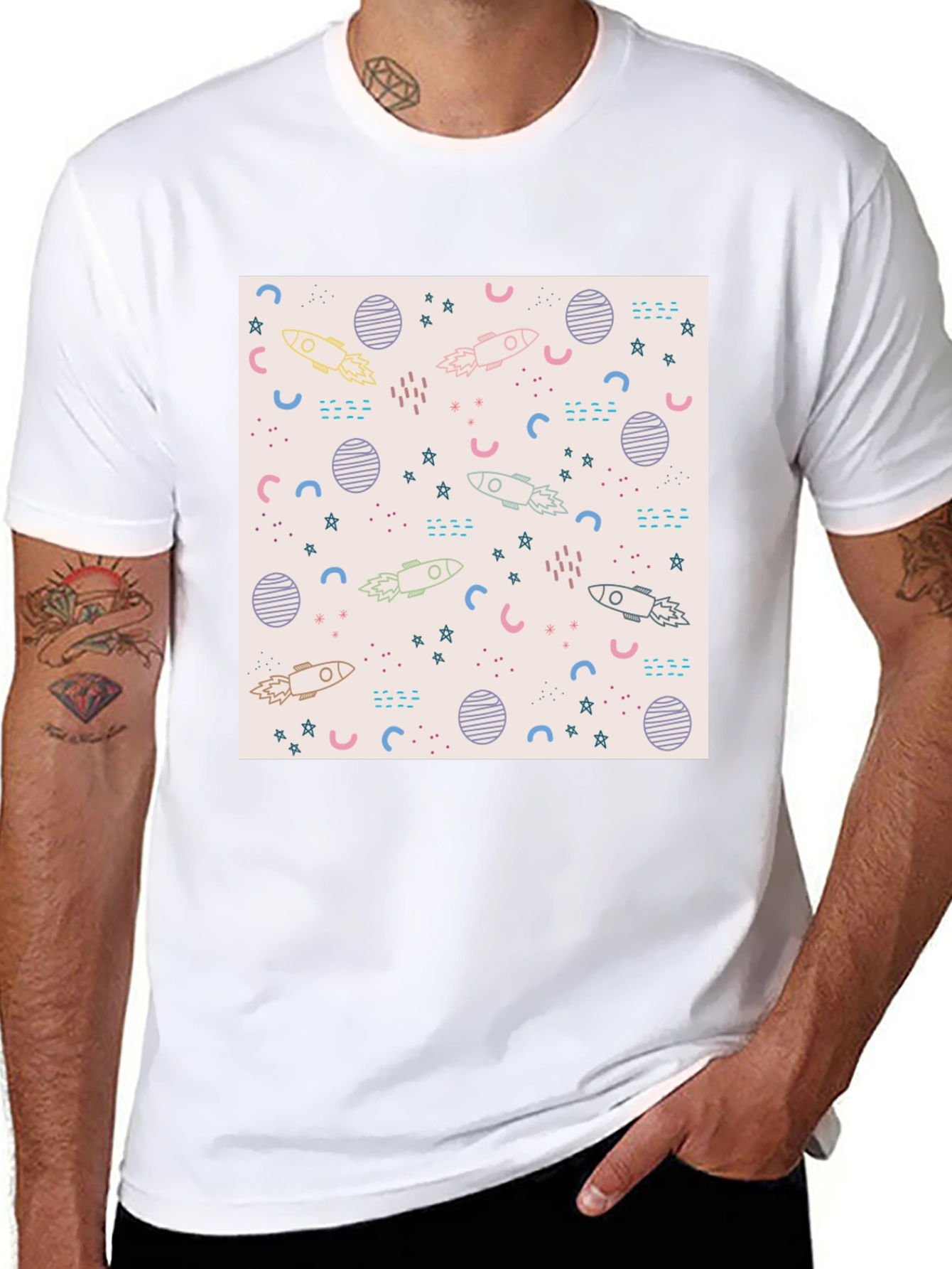 Galaxy Rocket Print Black T-Shirt