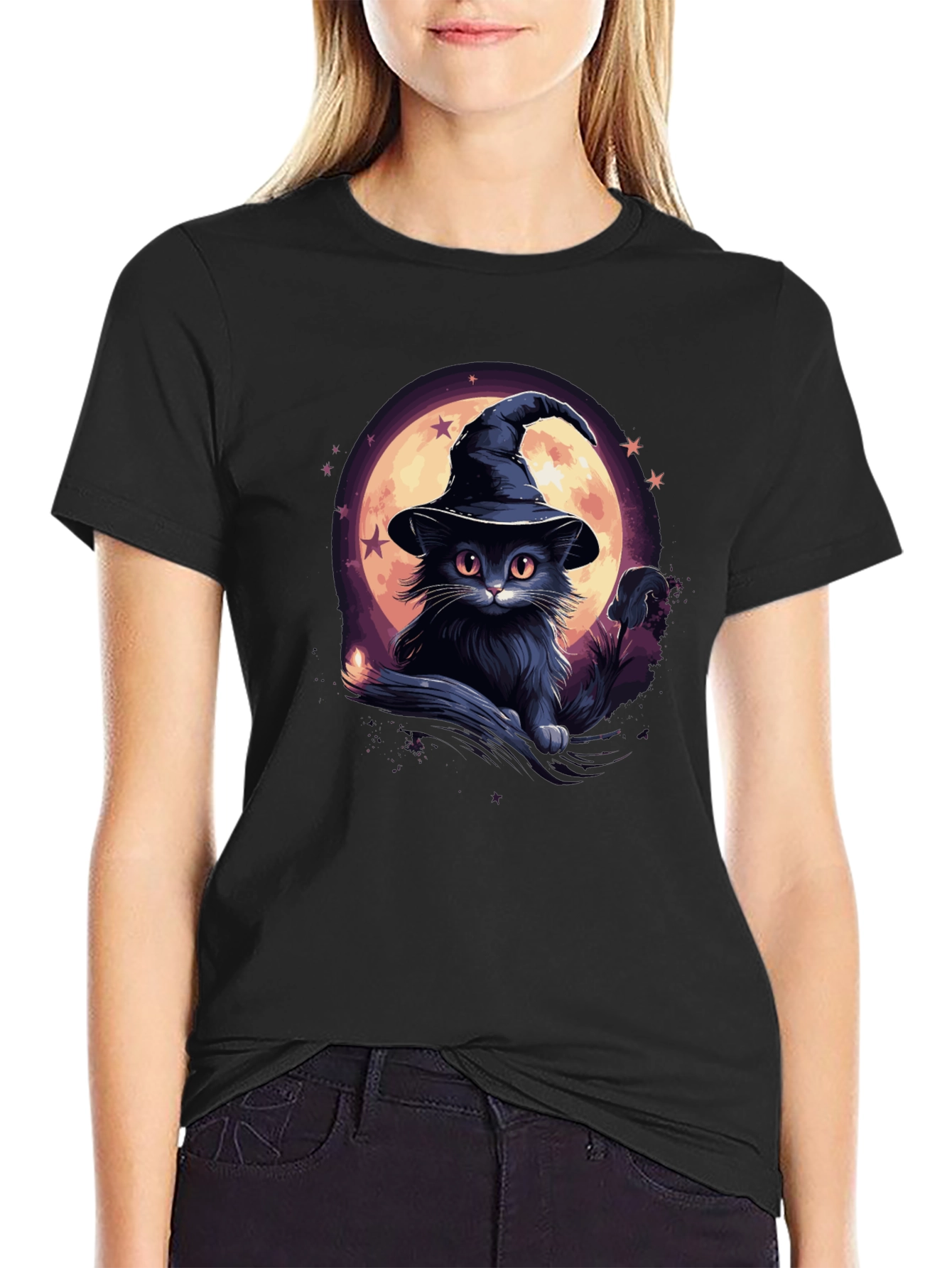 Whimsical Witch Cat Graphic Tee