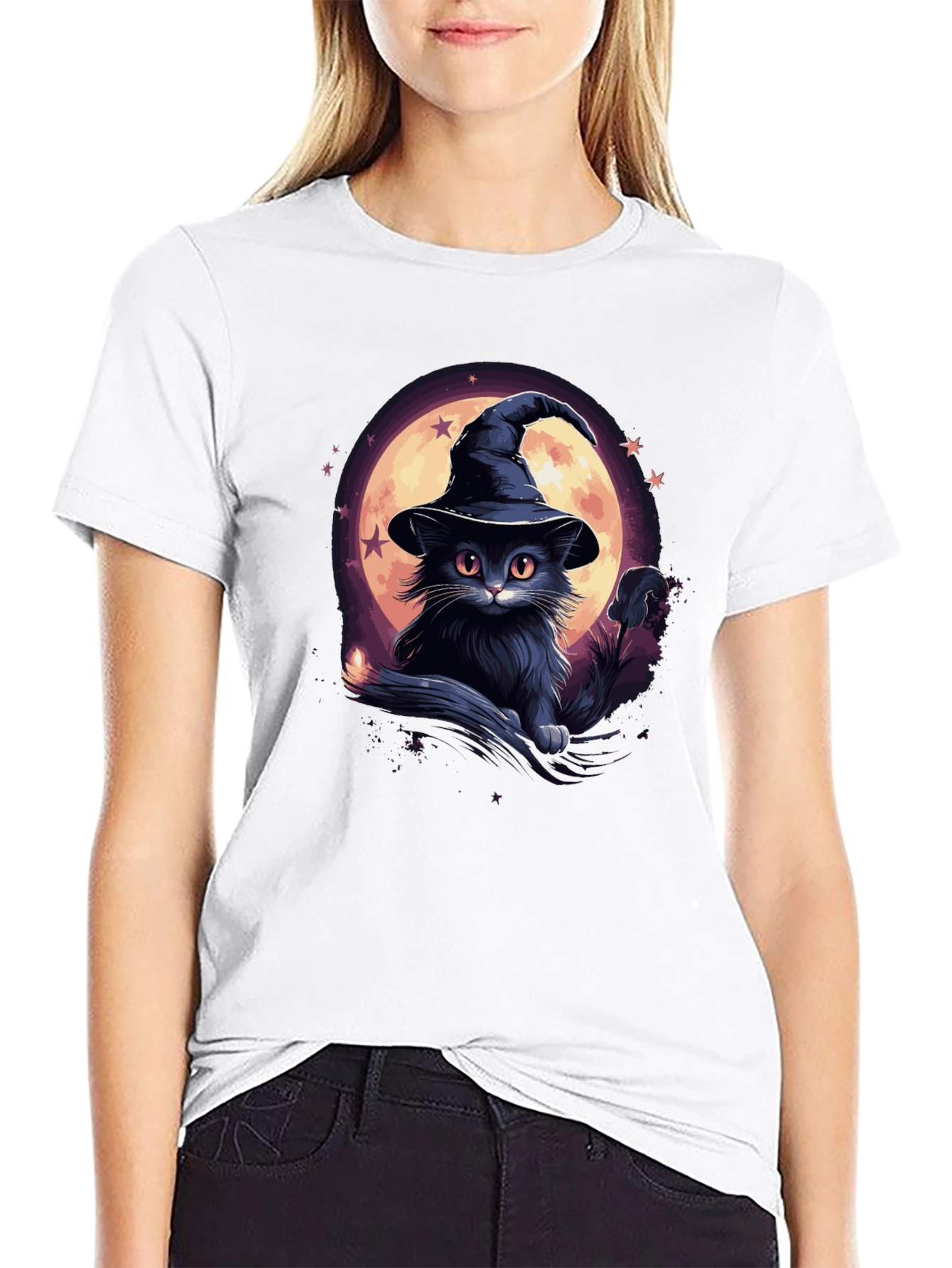 Whimsical Witch Cat Graphic Tee