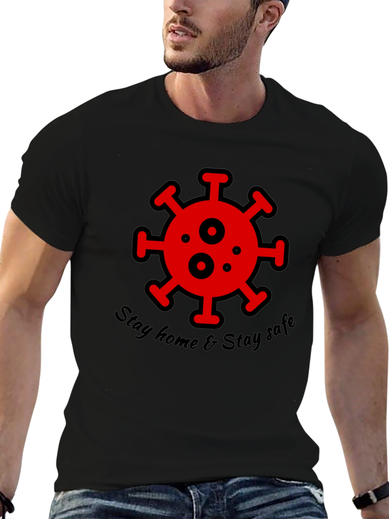 Stay Home Stay Safe Black Graphic T-Shirt