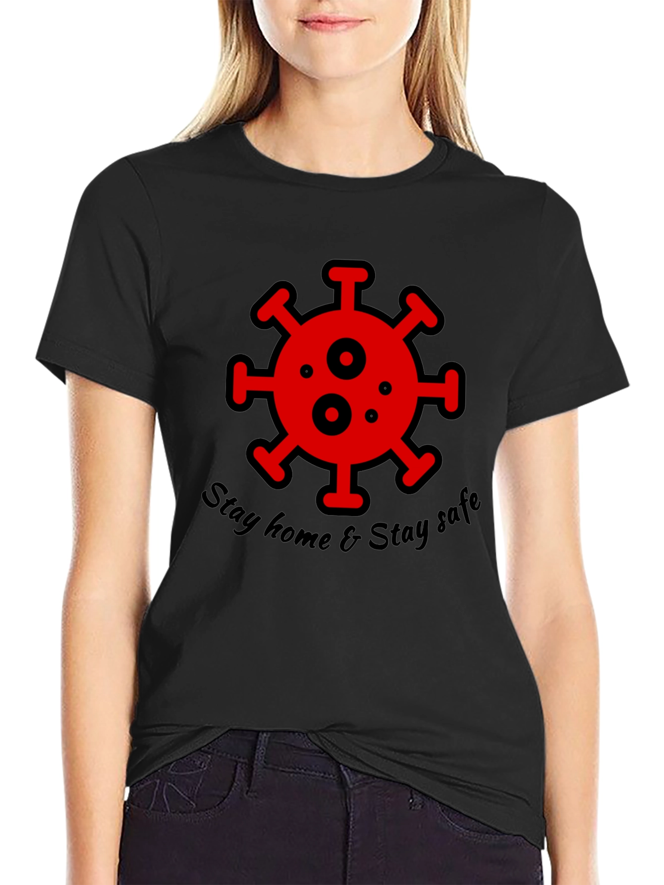 Stay Home Stay Safe Black Graphic T-Shirt