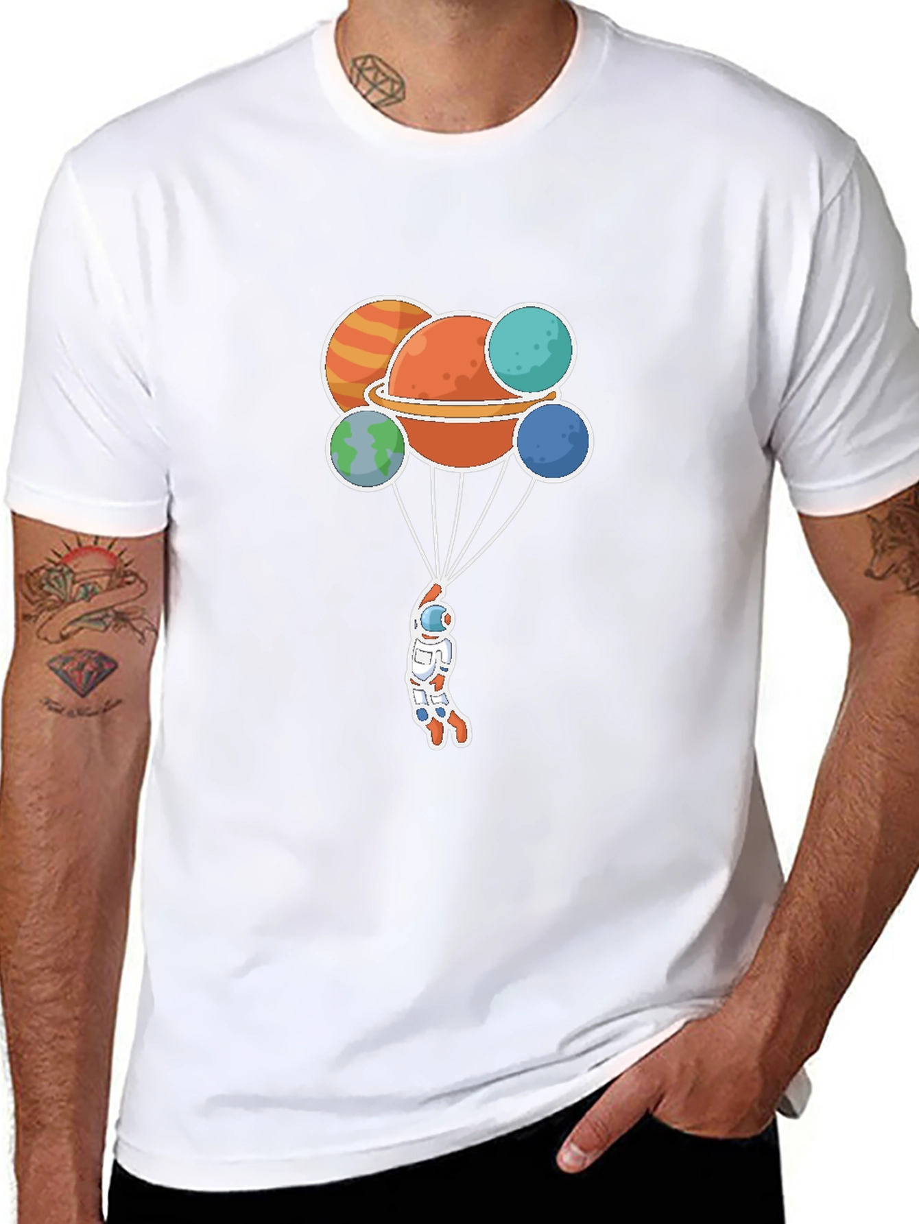 Astronaut Planets Graphic Tee - Black Crew Neck