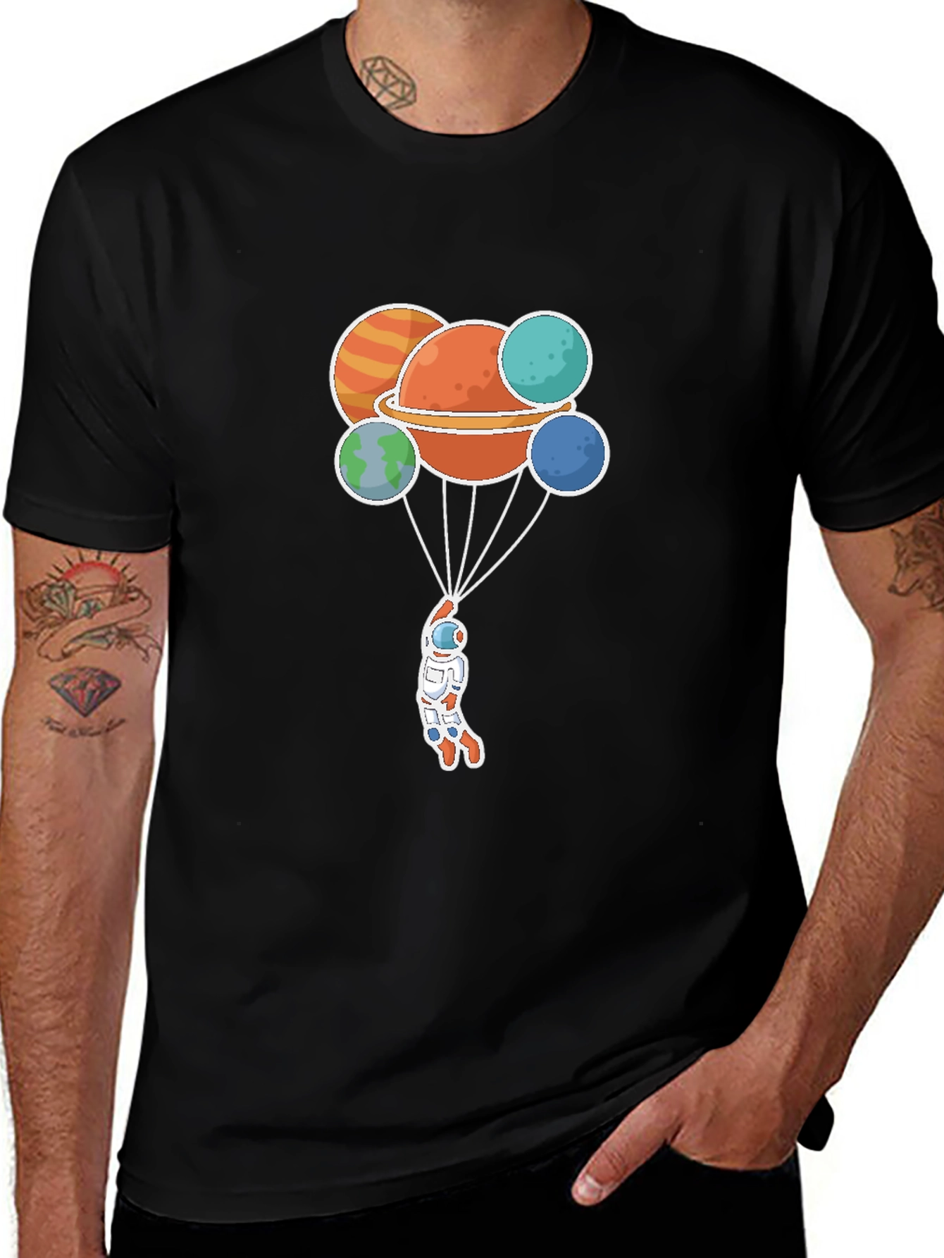 Astronaut Planets Graphic Tee - Black Crew Neck