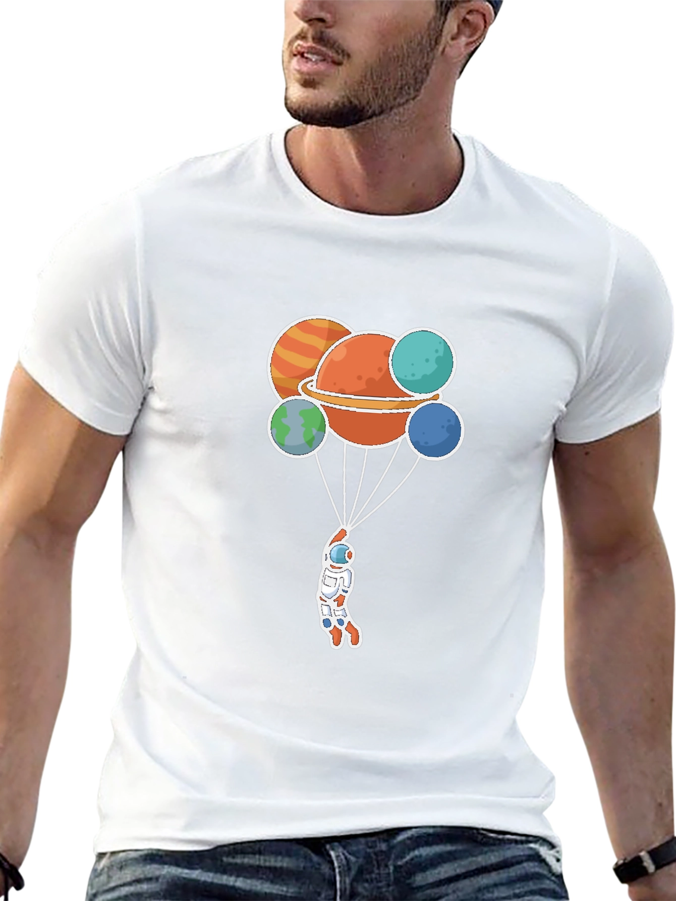 Astronaut Planets Graphic Tee - Black Crew Neck