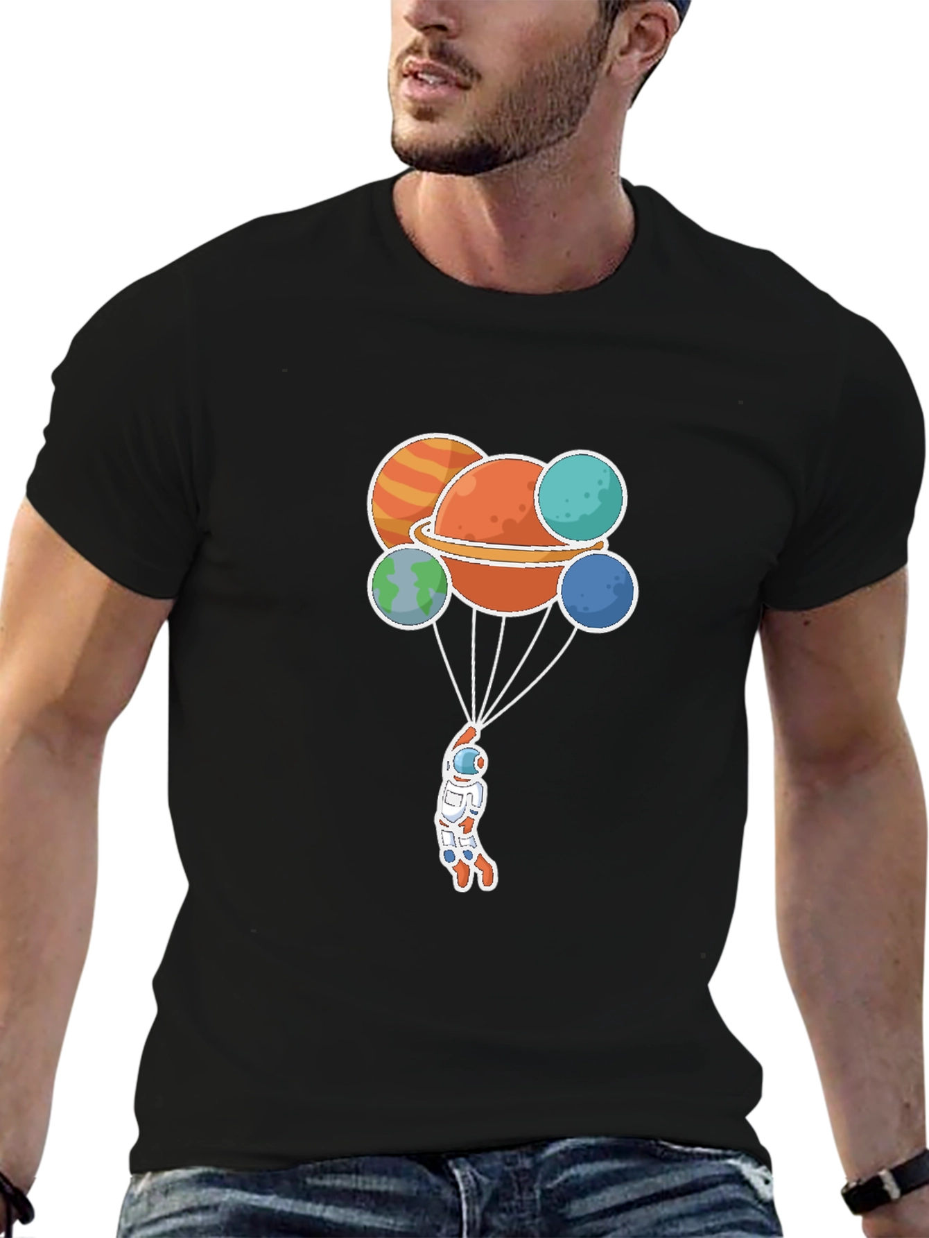 Astronaut Planets Graphic Tee - Black Crew Neck