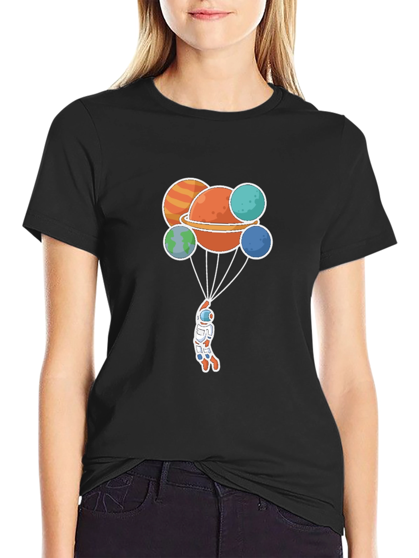 Astronaut Planets Graphic Tee - Black Crew Neck
