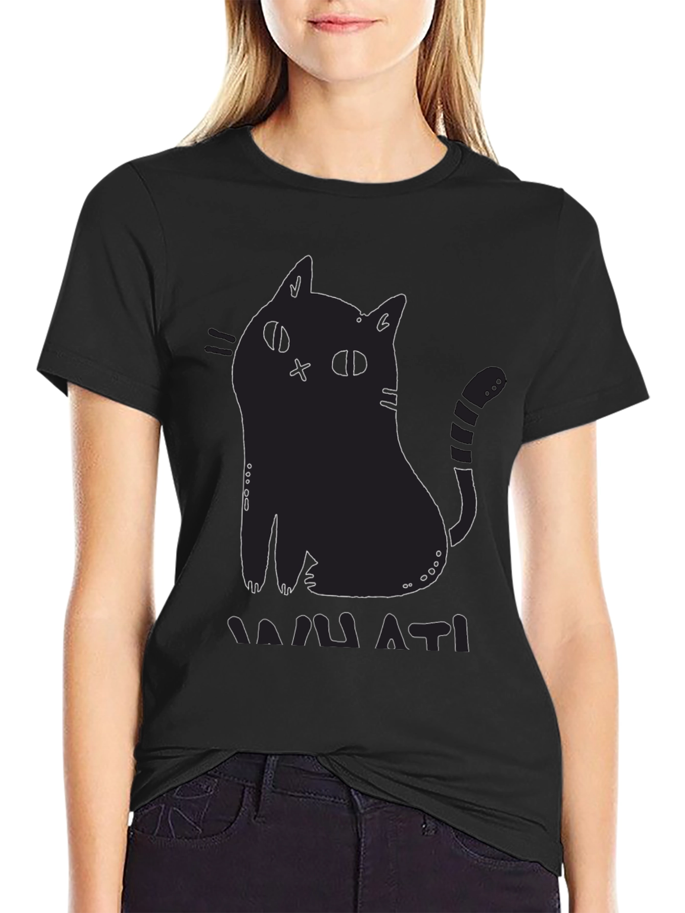 Black Cat Graphic Print T-Shirt - Mamati