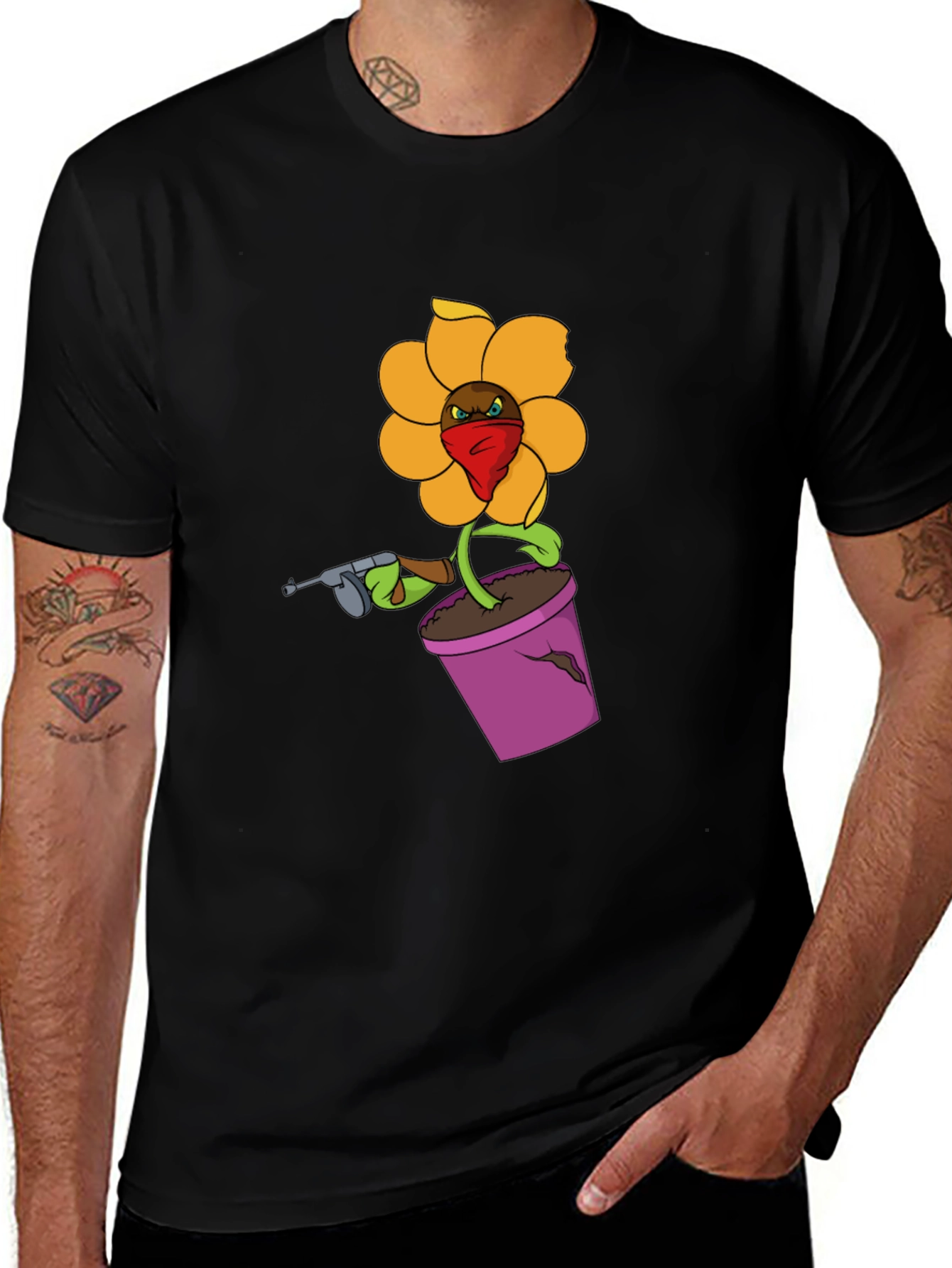 Gangster Flower Pot Graphic T-Shirt - Black