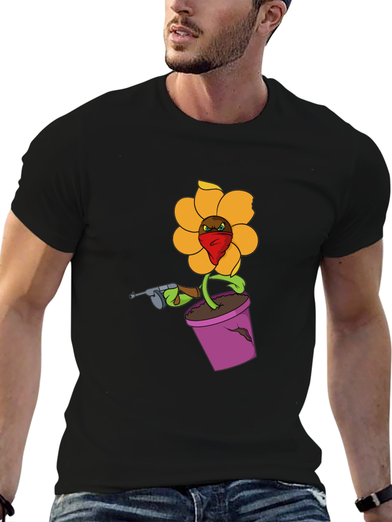 Gangster Flower Pot Graphic T-Shirt - Black