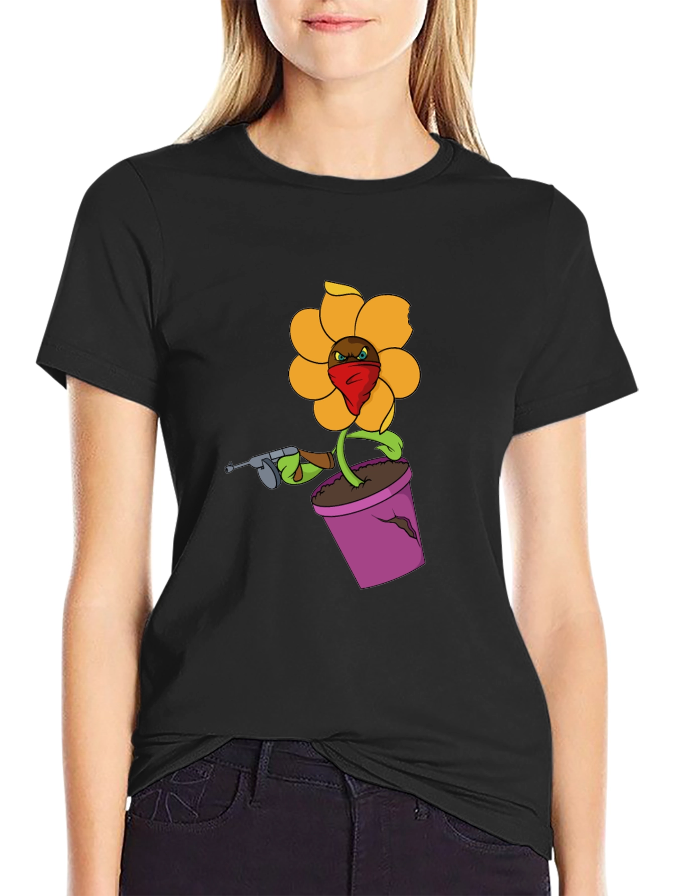 Gangster Flower Pot Graphic T-Shirt - Black
