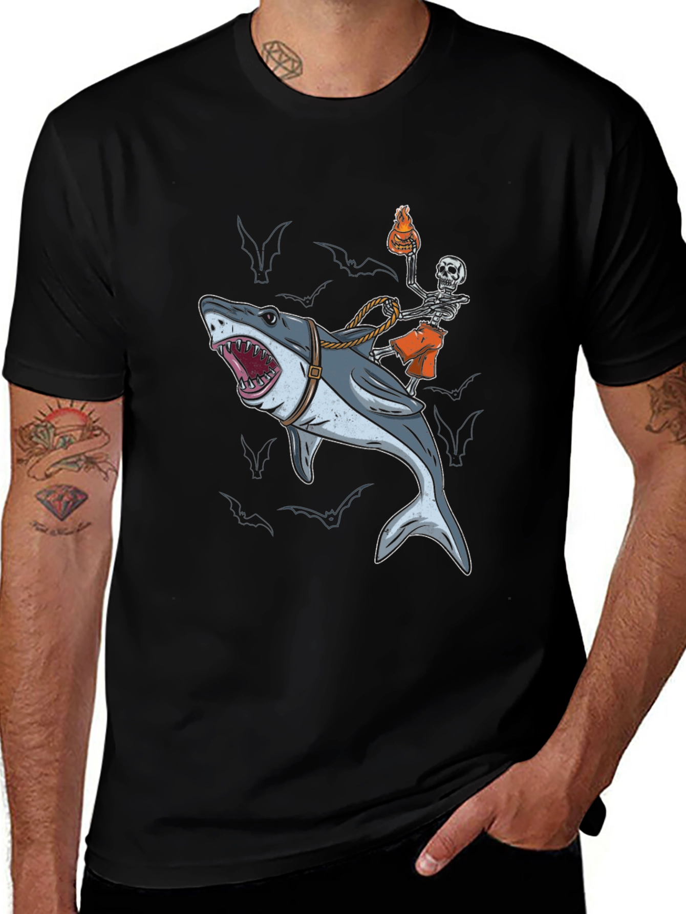 Skeleton Shark Rider Graphic Tee - Halloween