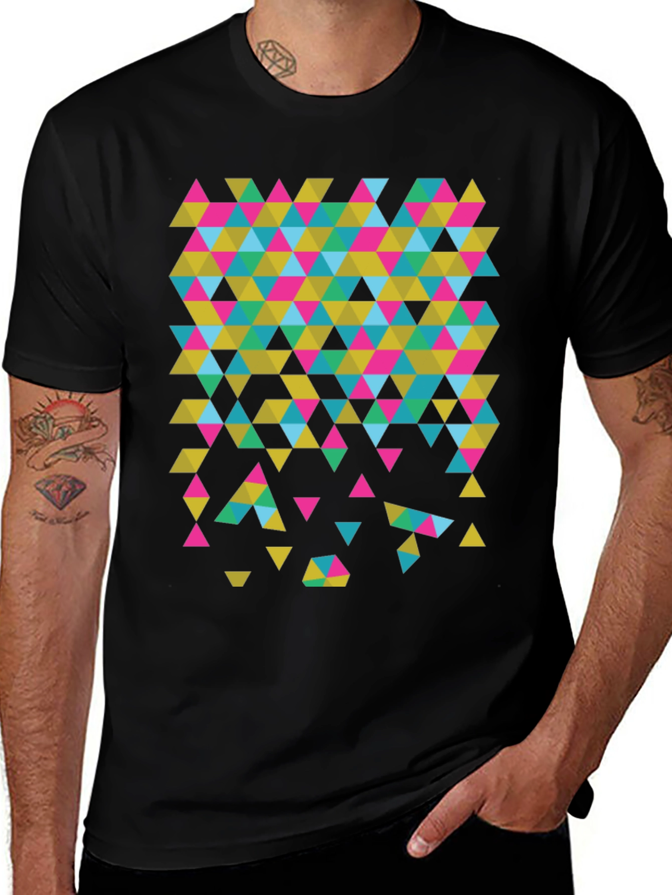 Geometric Triangle Print Black T-Shirt