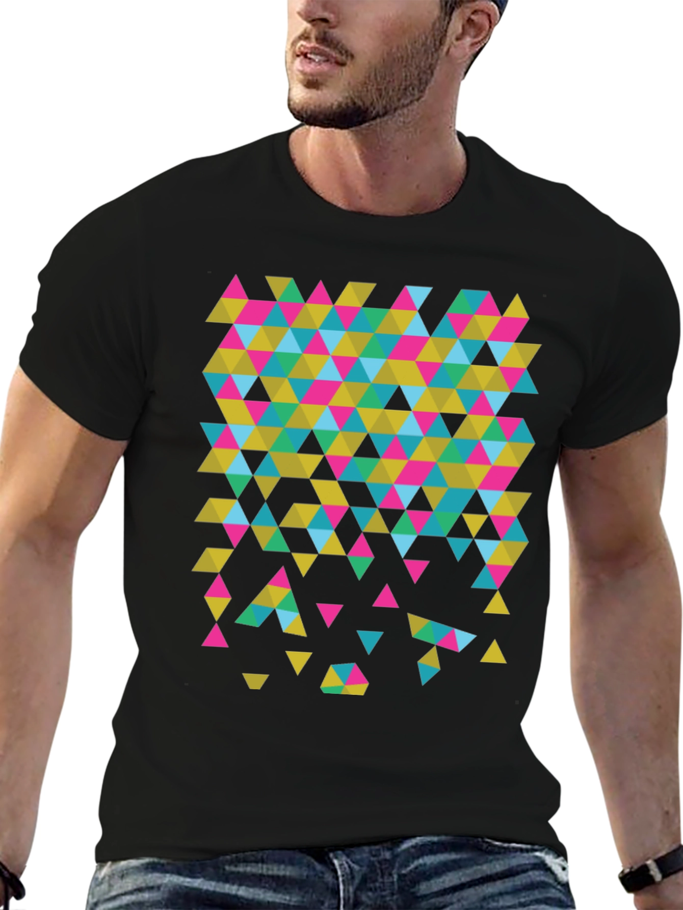 Geometric Triangle Print Black T-Shirt