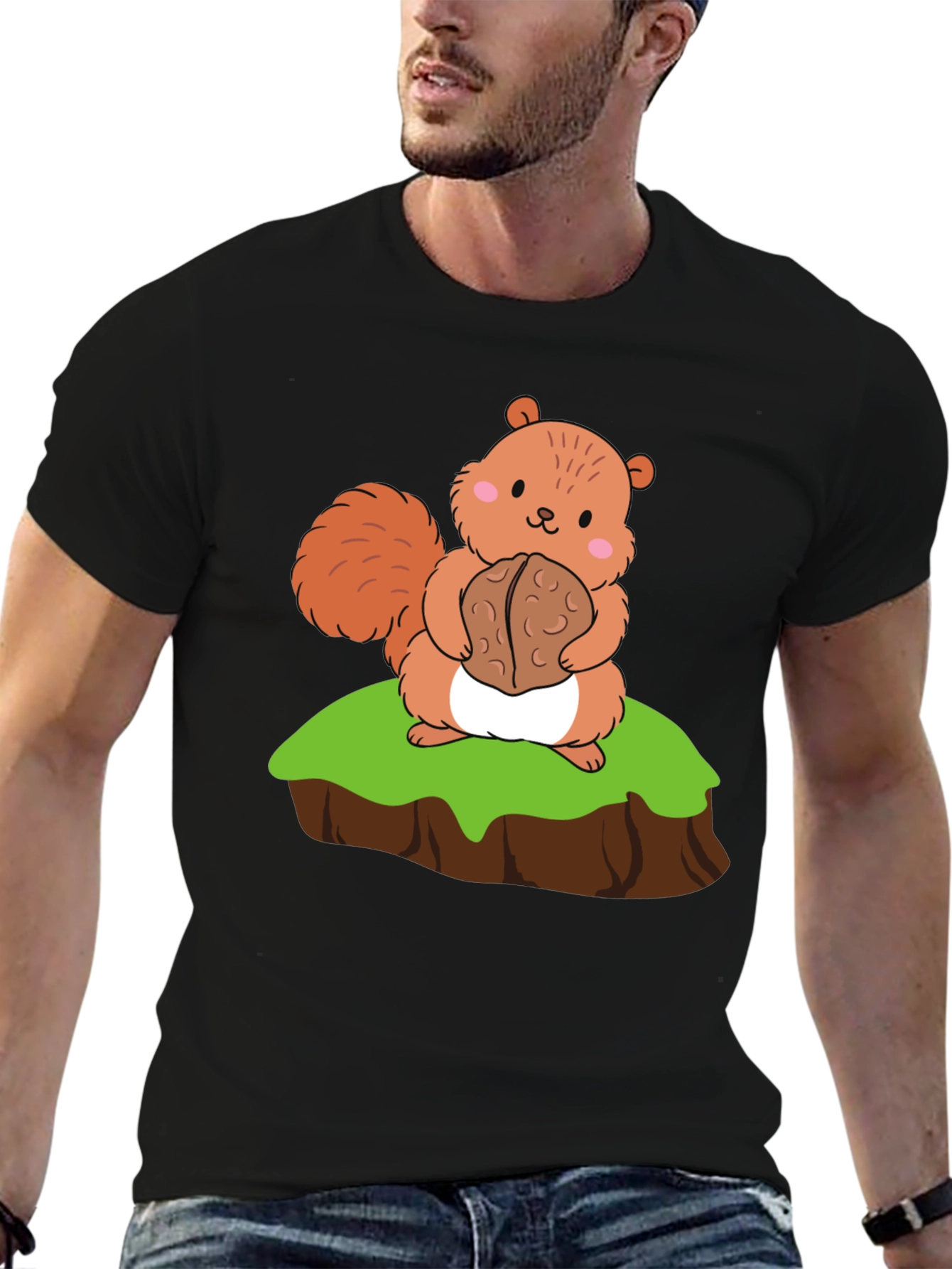 Cute Squirrel Holding Nut Graphic Tee - Black