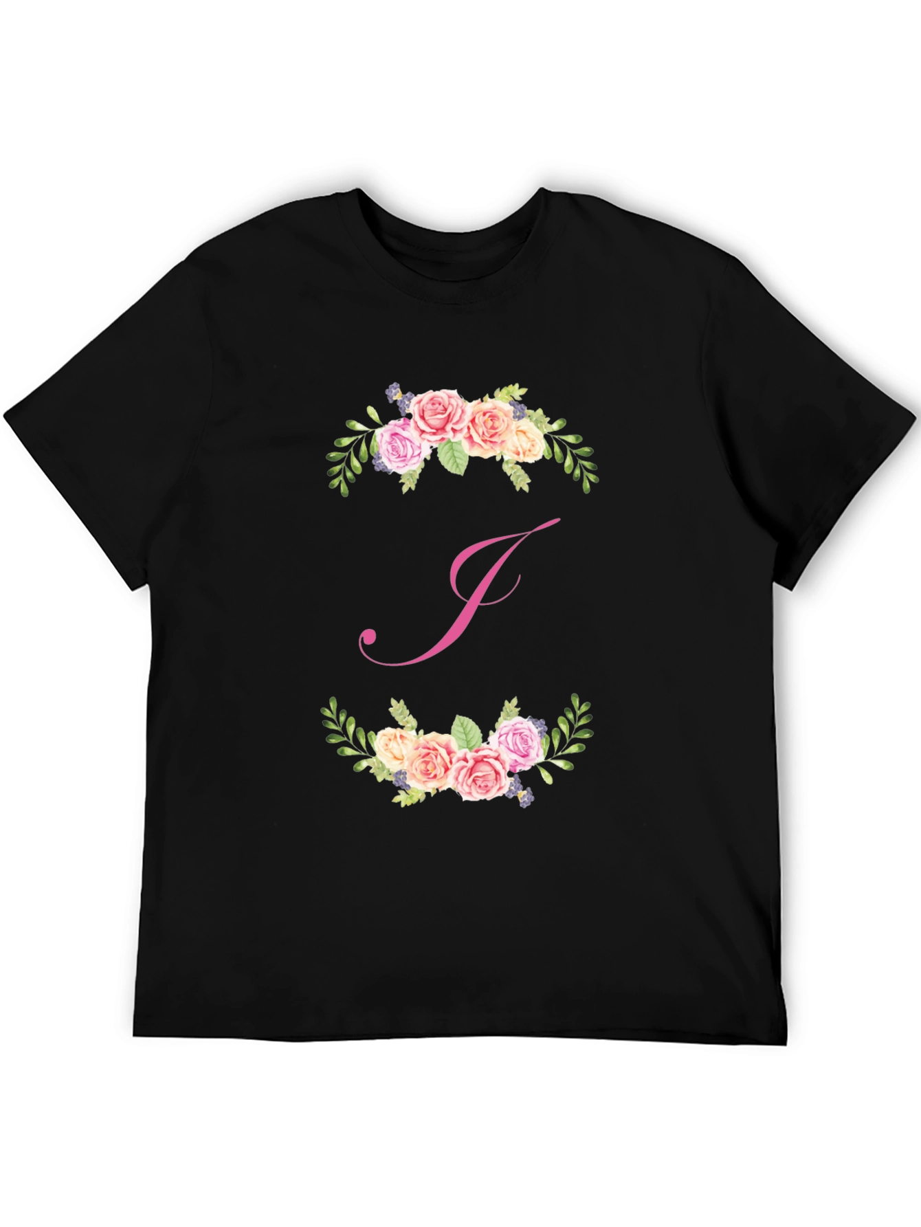 Floral J Initial Black T-Shirt