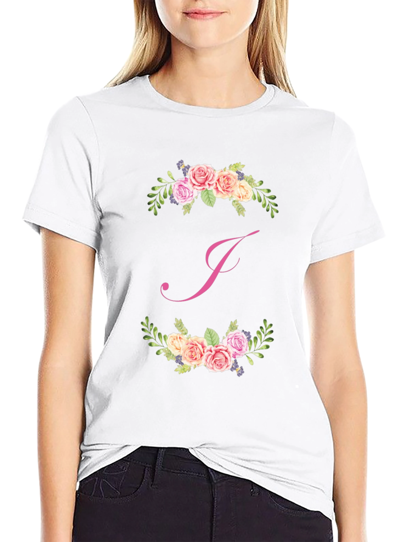 Floral J Initial Black T-Shirt