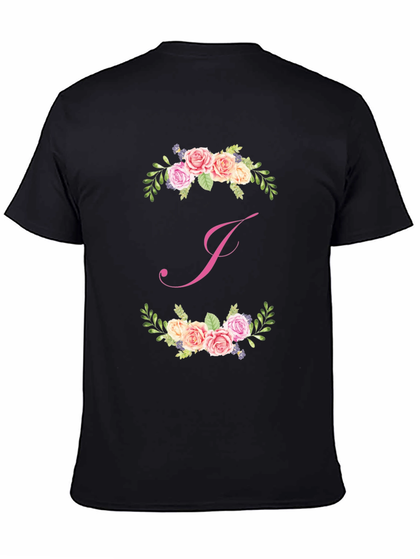 Floral J Initial Black T-Shirt