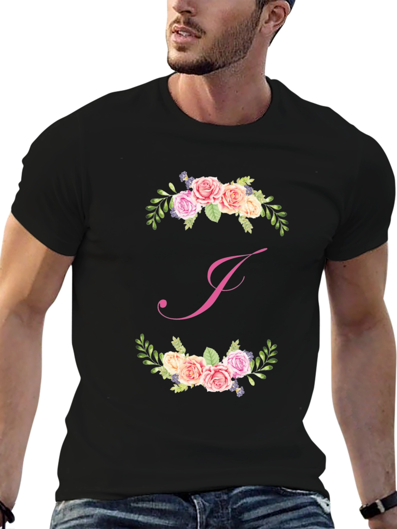 Floral J Initial Black T-Shirt