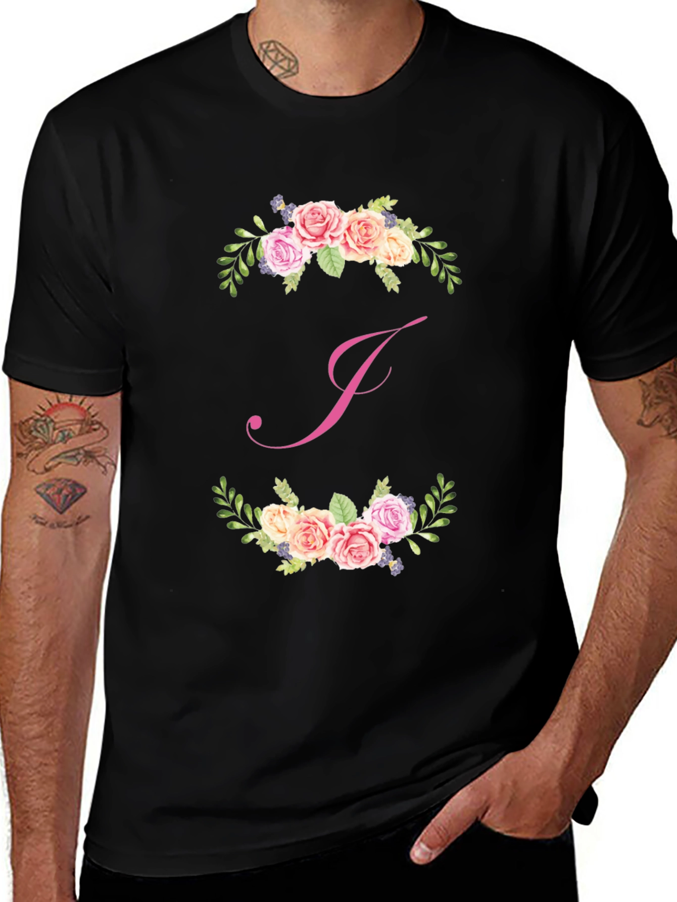 Floral J Initial Black T-Shirt