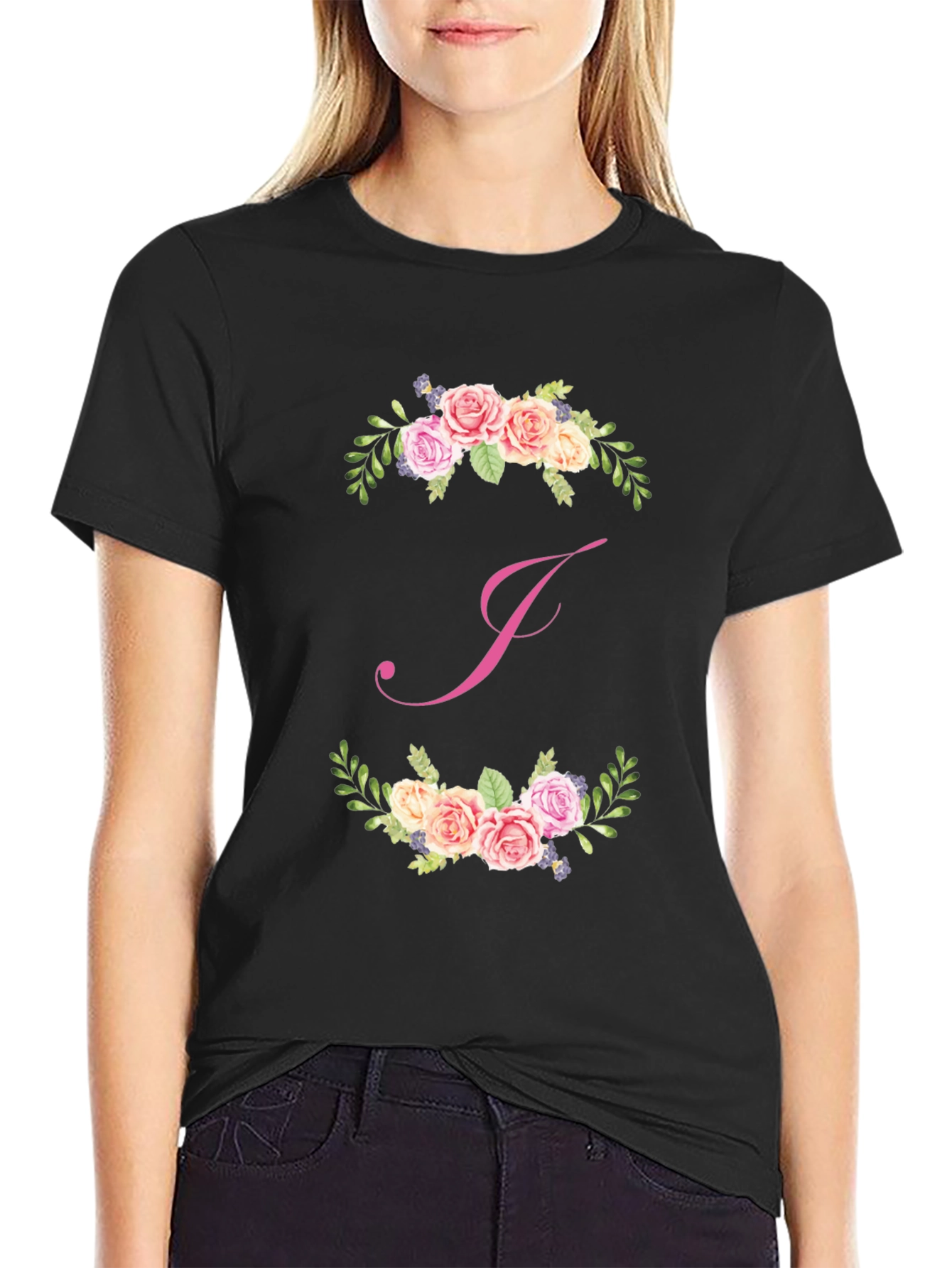 Floral J Initial Black T-Shirt