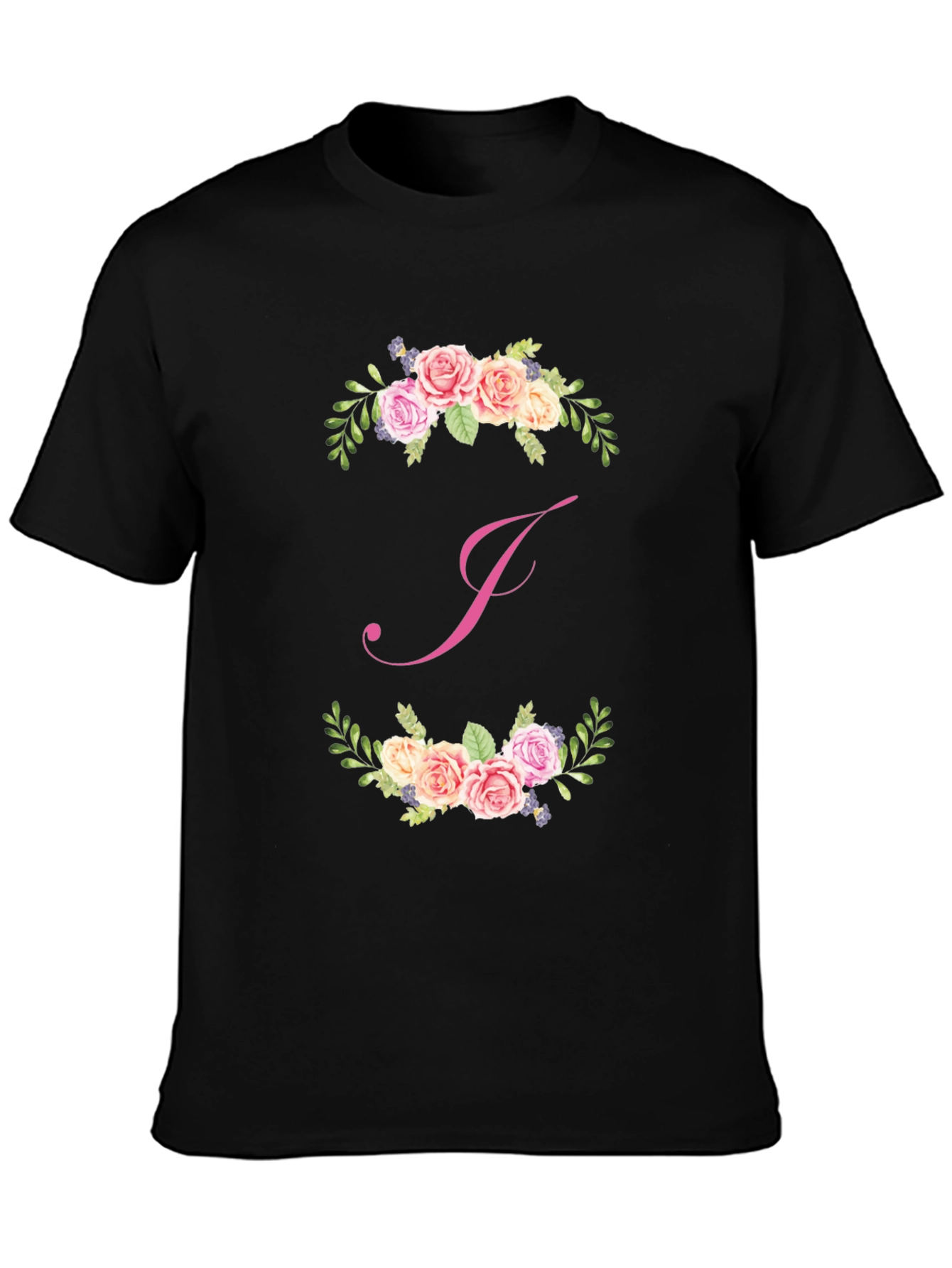 Floral J Initial Black T-Shirt