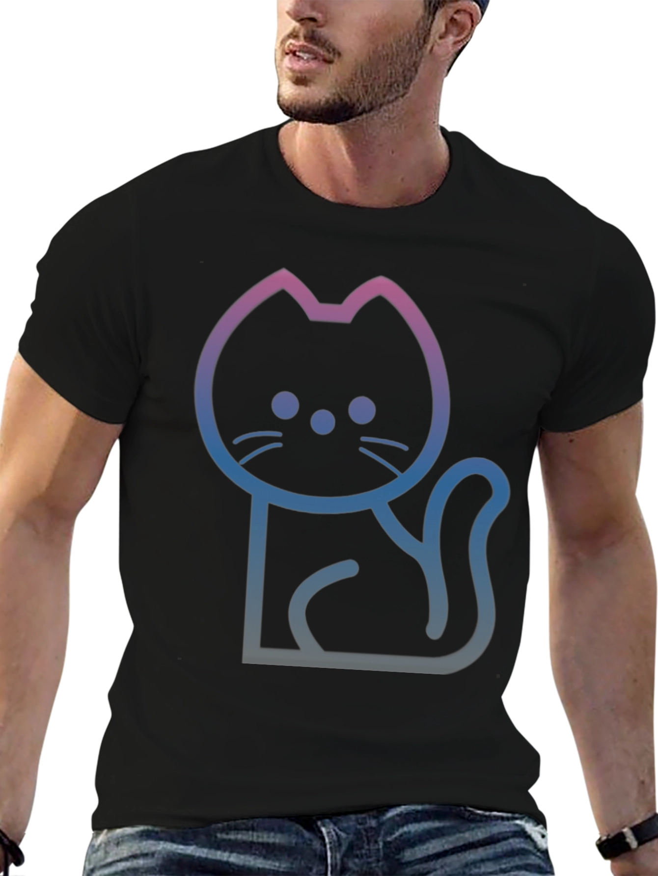 Gradient Cat Graphic Black T-Shirt