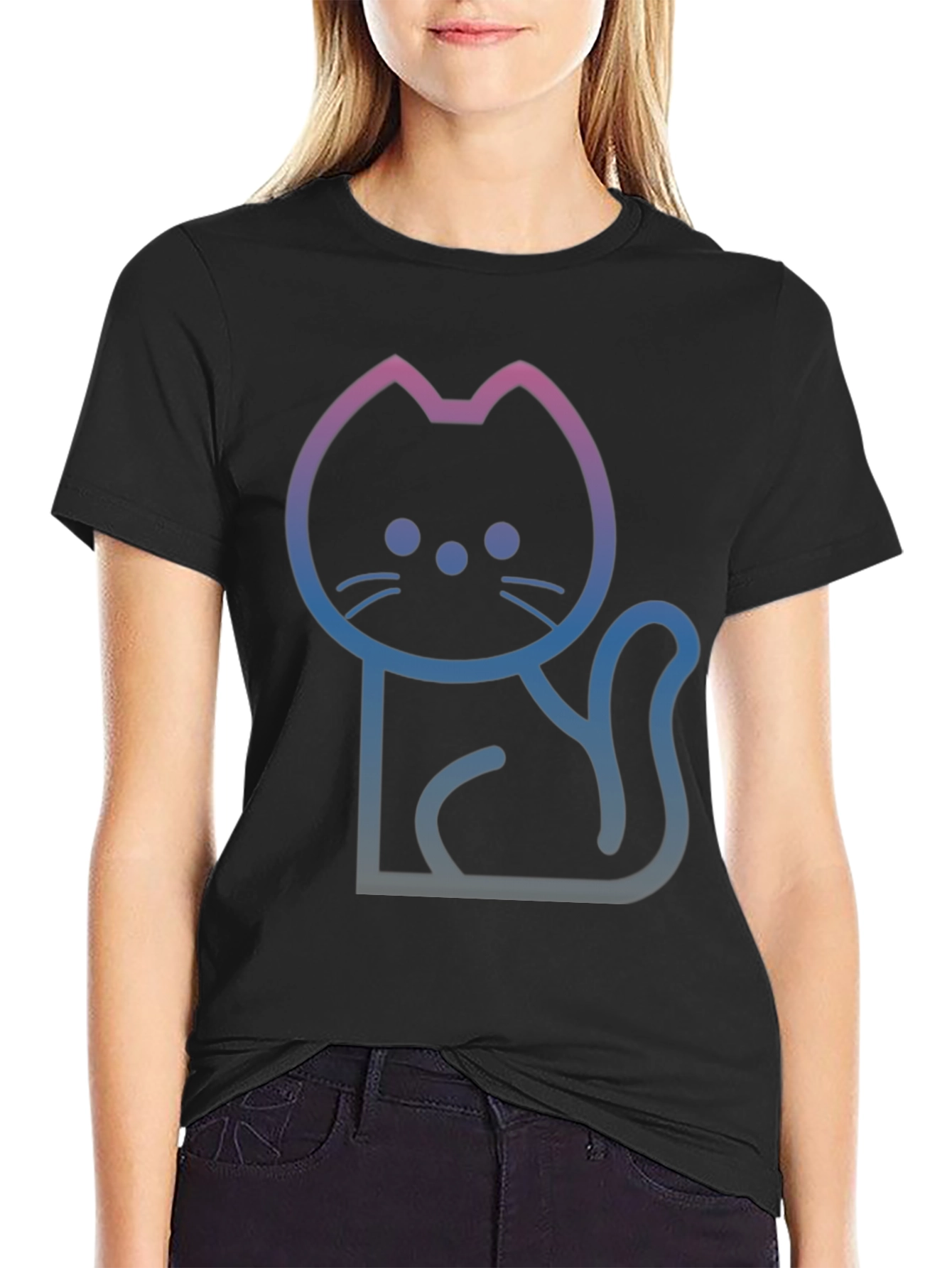 Gradient Cat Graphic Black T-Shirt