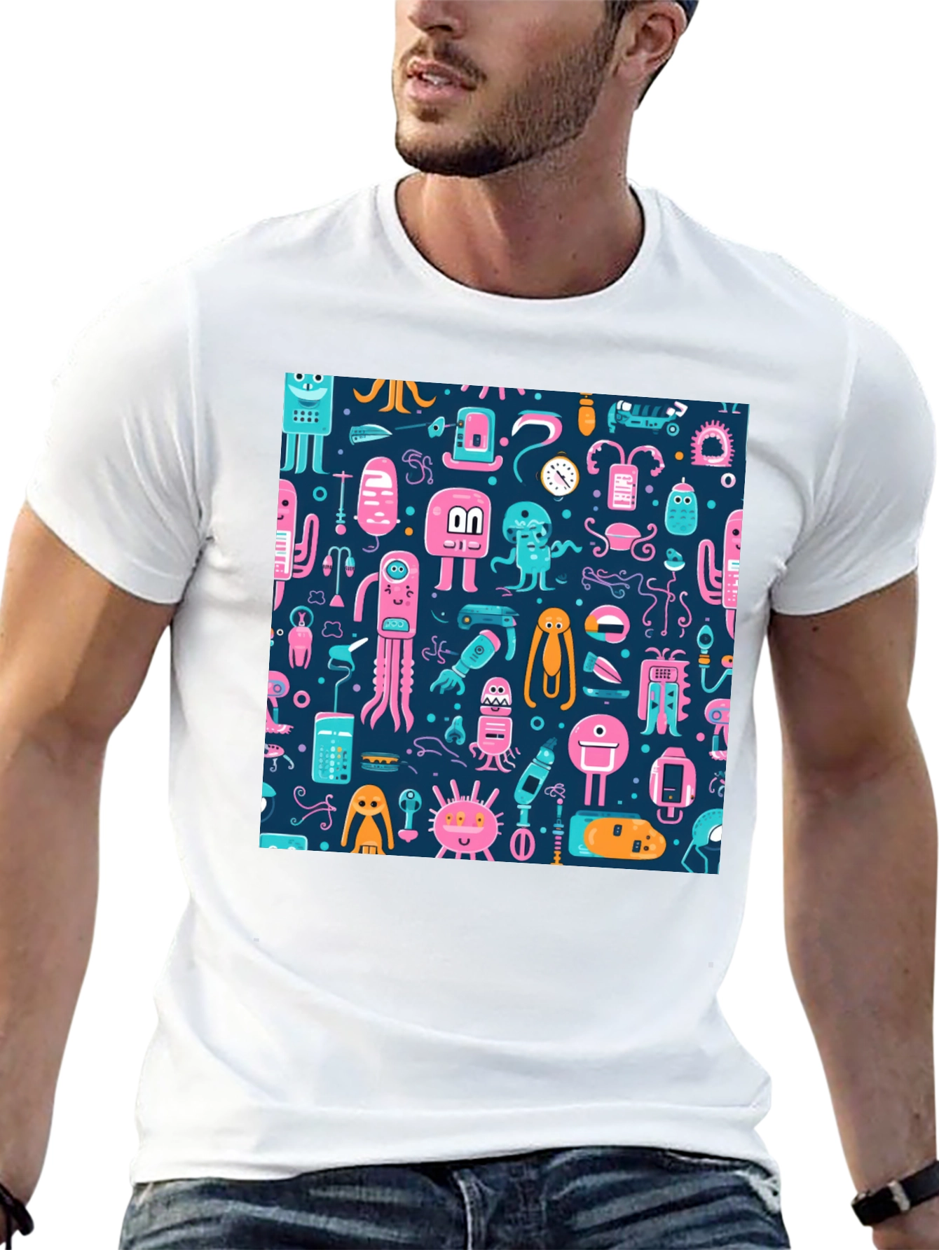 Funky Alien Pattern Black T-Shirt