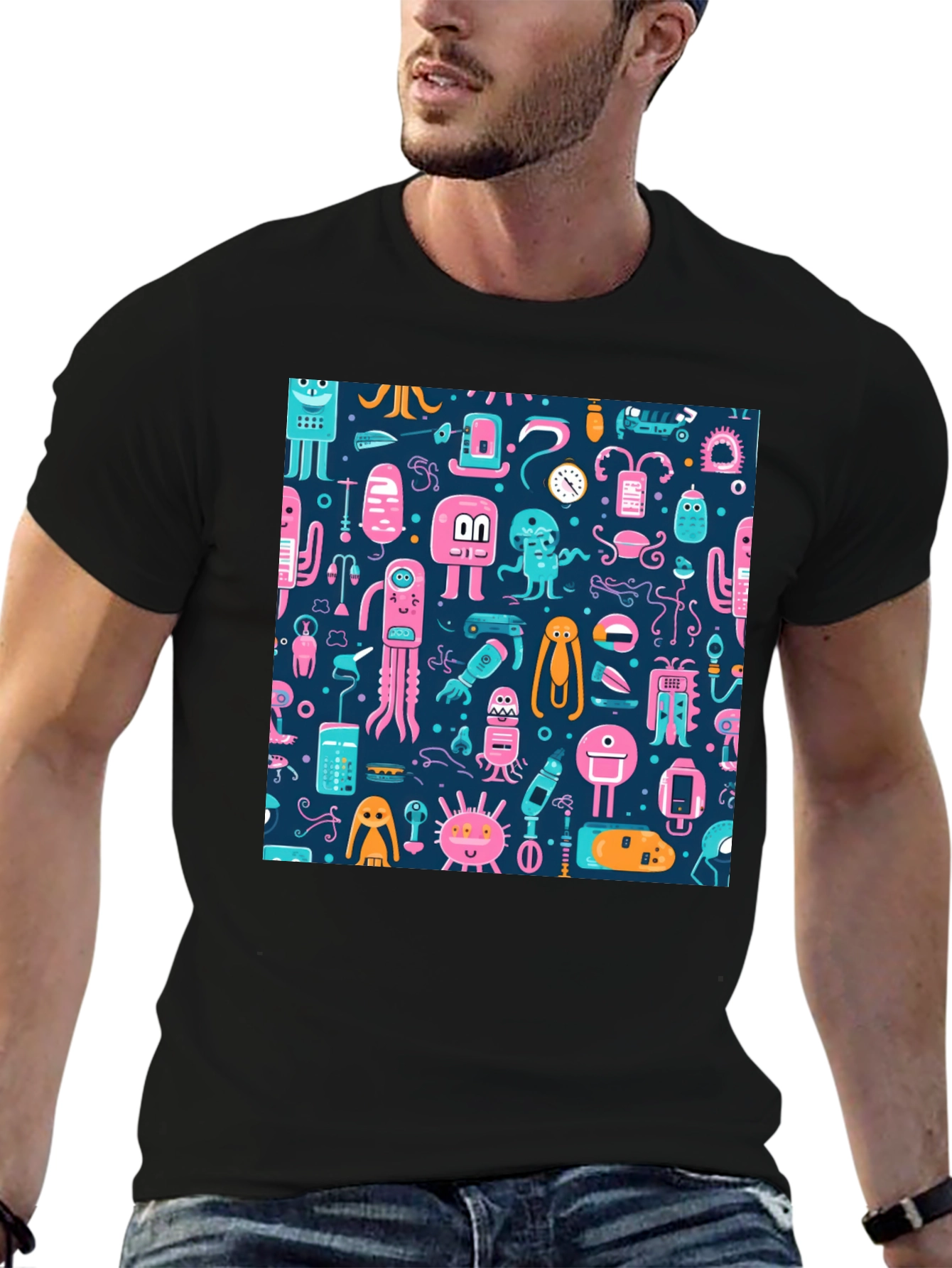Funky Alien Pattern Black T-Shirt