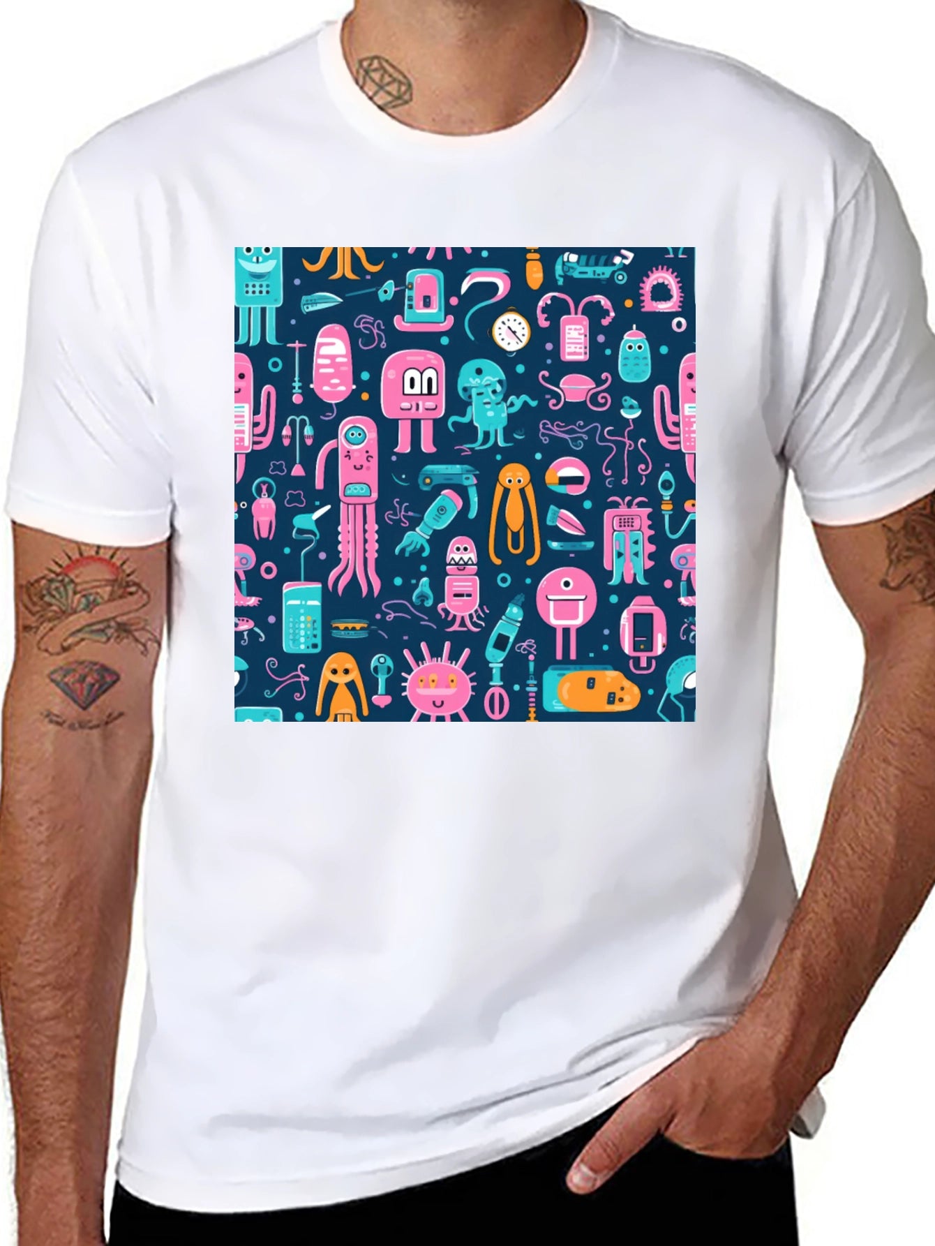 Funky Alien Pattern Black T-Shirt
