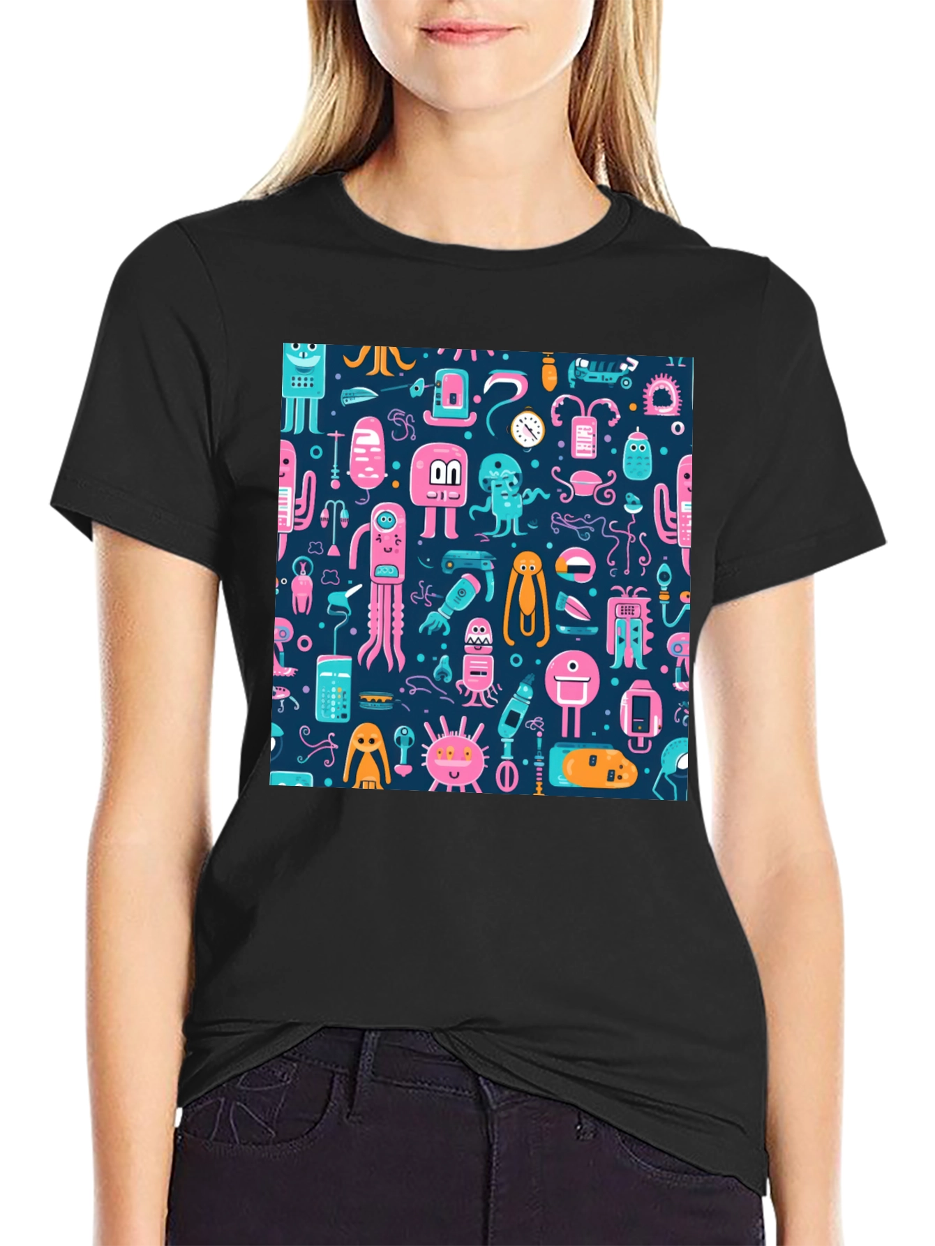 Funky Alien Pattern Black T-Shirt